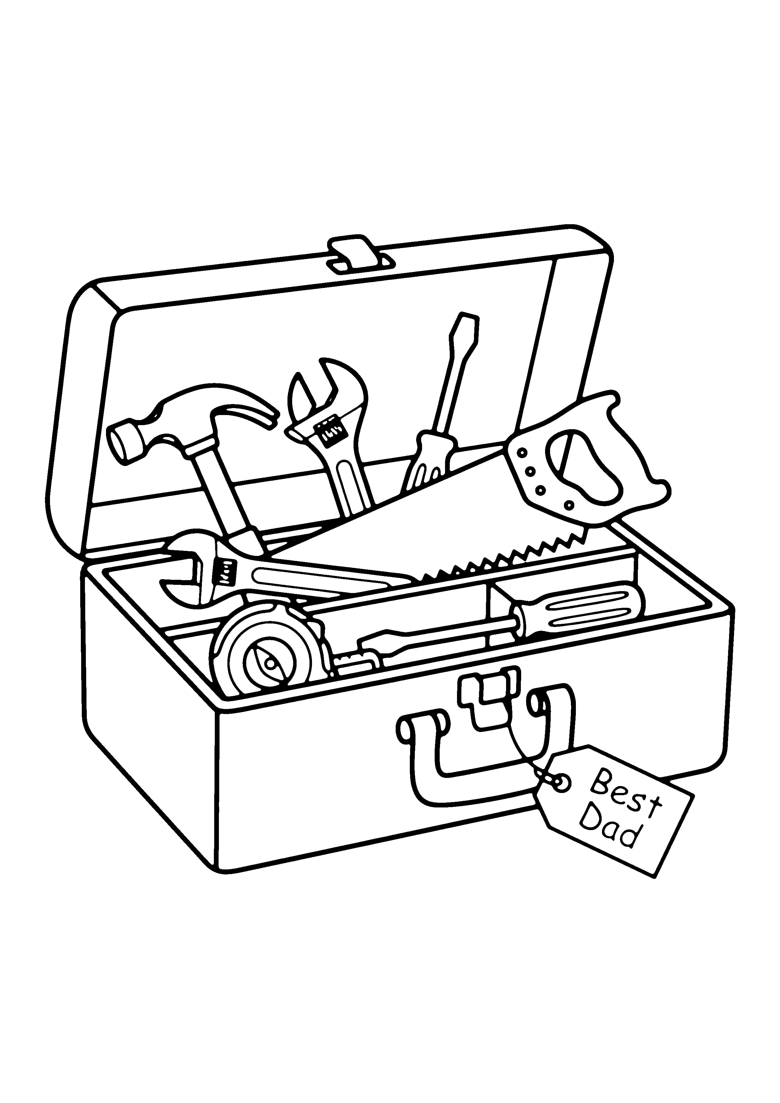 Printable hand-drawn Dad's Toolbox Close-Up coloring page