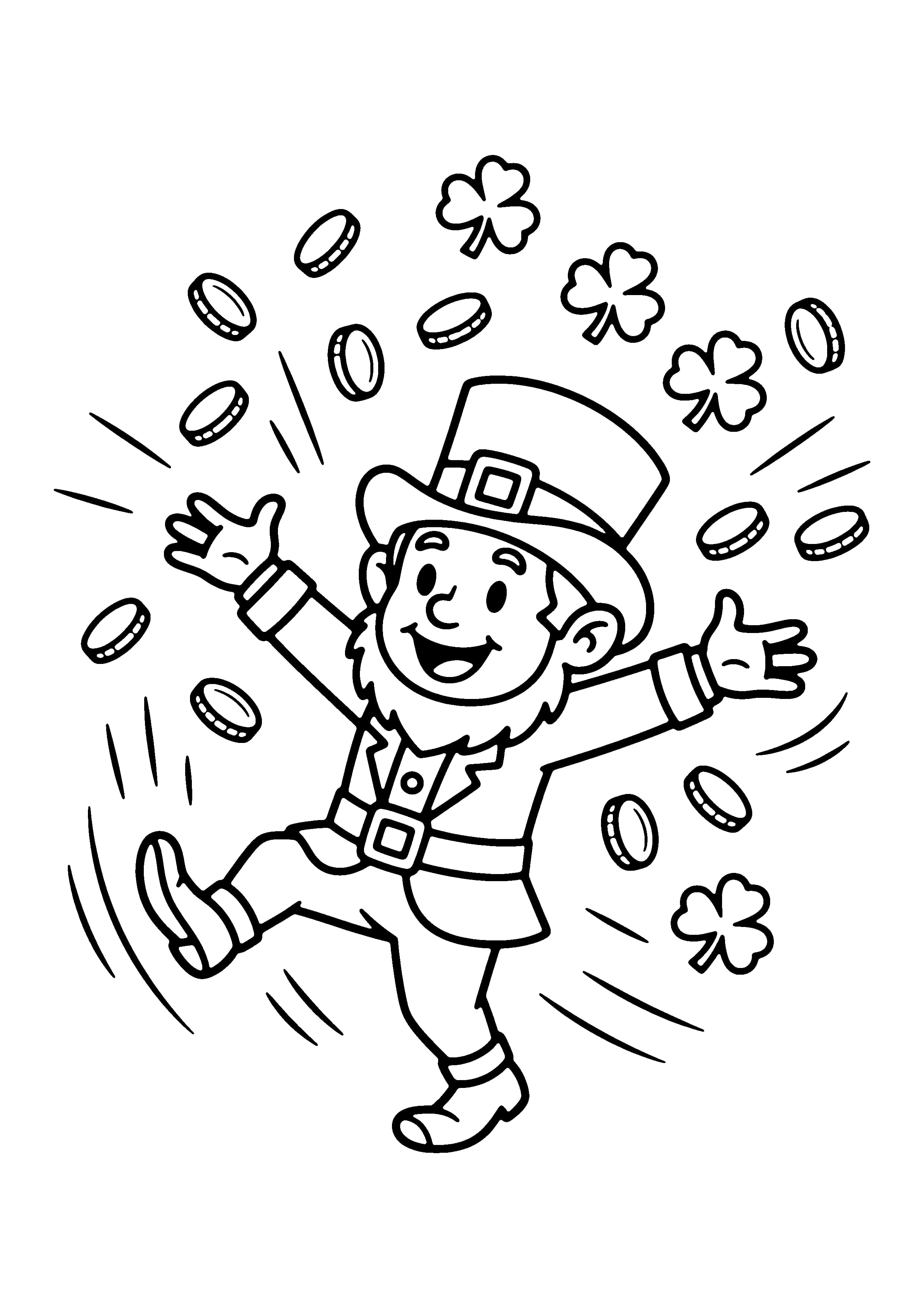 Printable hand-drawn Dancing Leprechaun with Coins coloring page