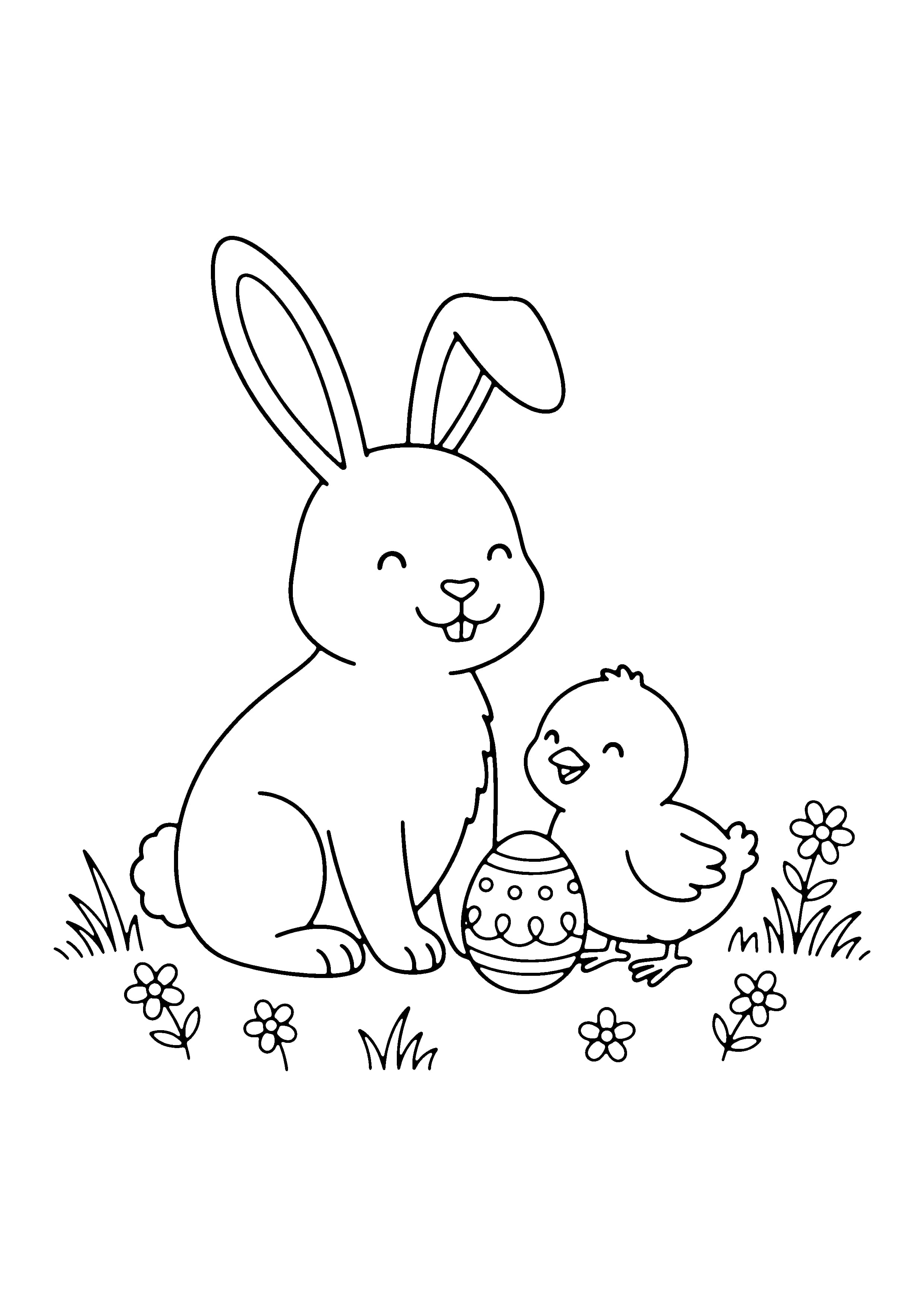 Printable hand-drawn Easter Bunny and Chick Friends coloring page