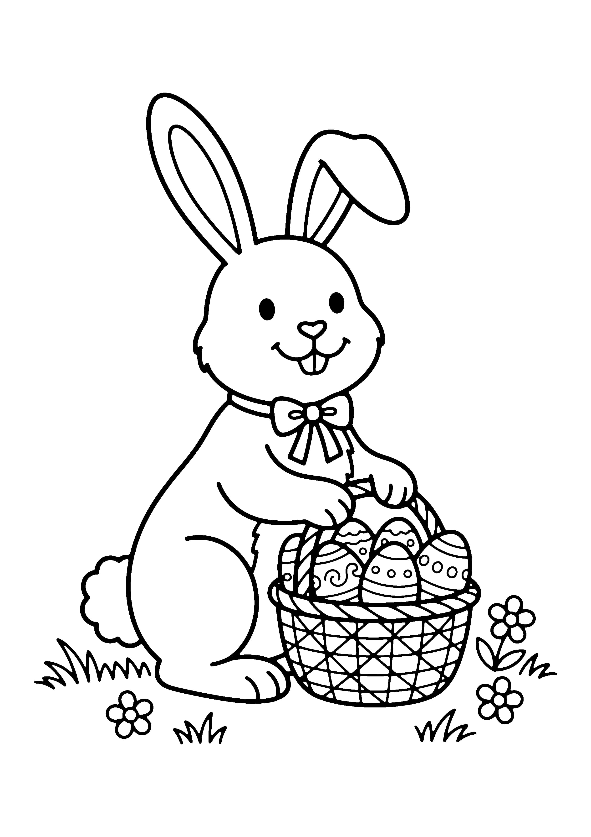 Printable hand-drawn Easter Bunny and Egg Basket coloring page