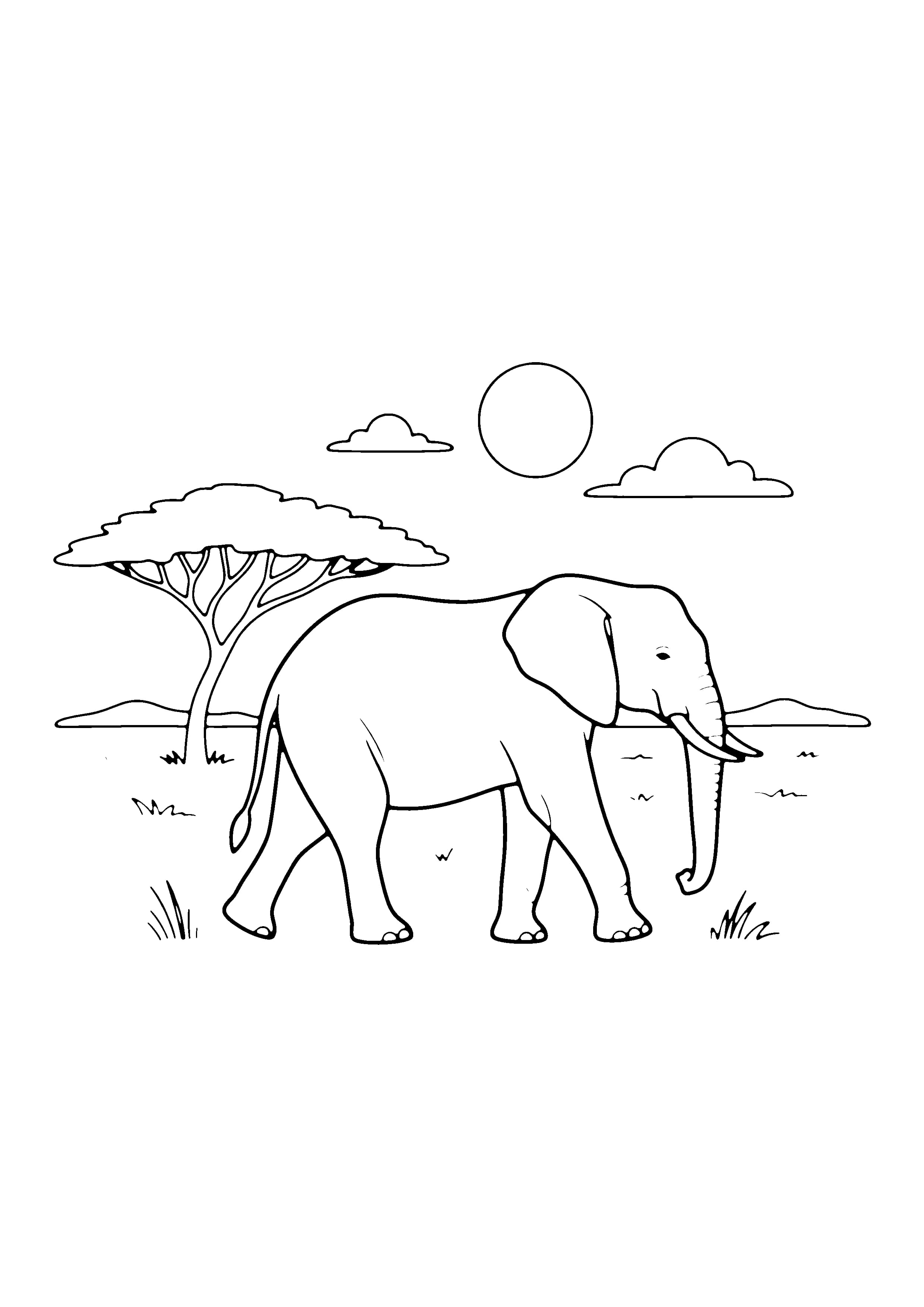 Printable hand-drawn Elephant on the Savanna coloring page