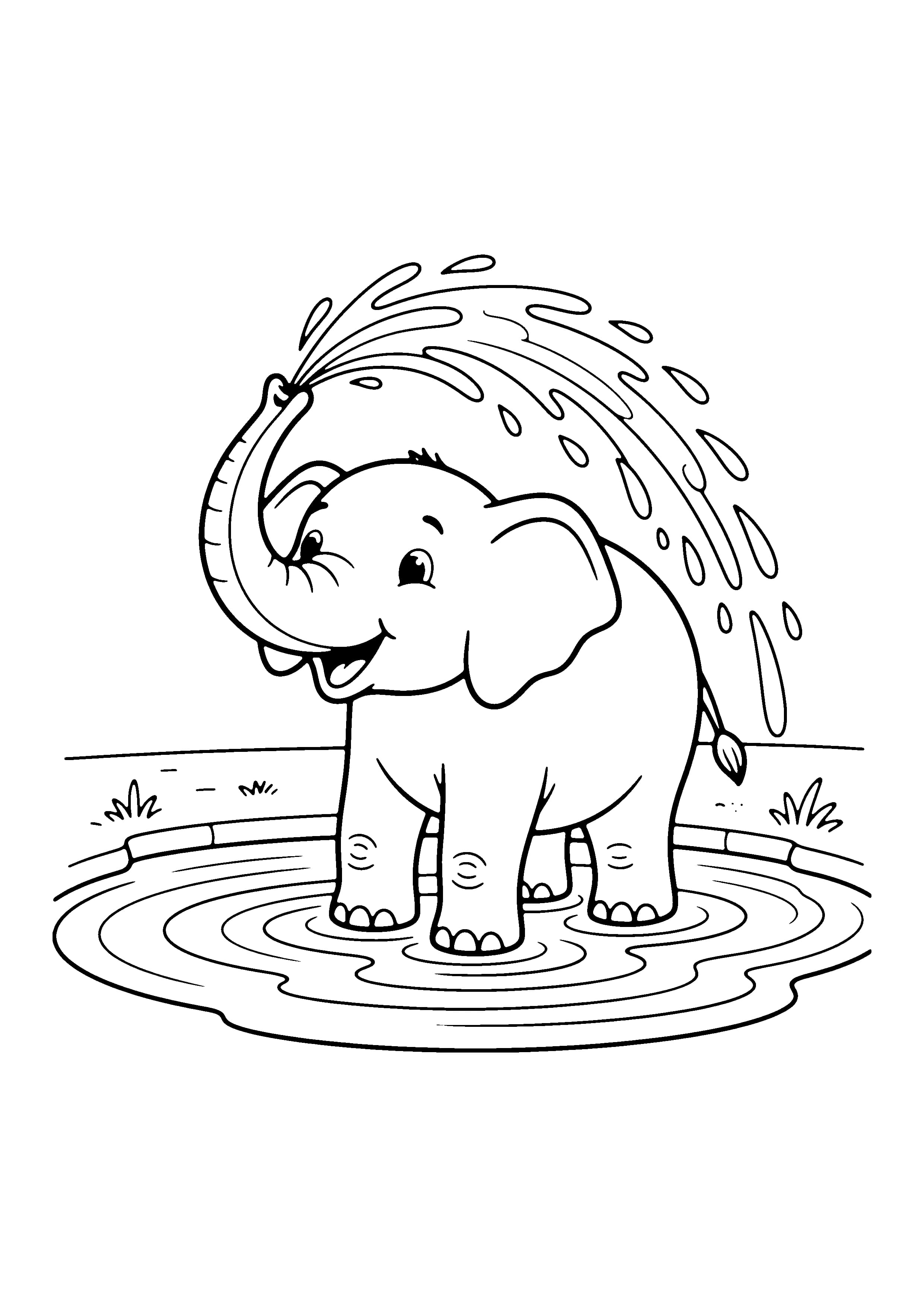 Printable hand-drawn Elephant Splashing Water coloring page