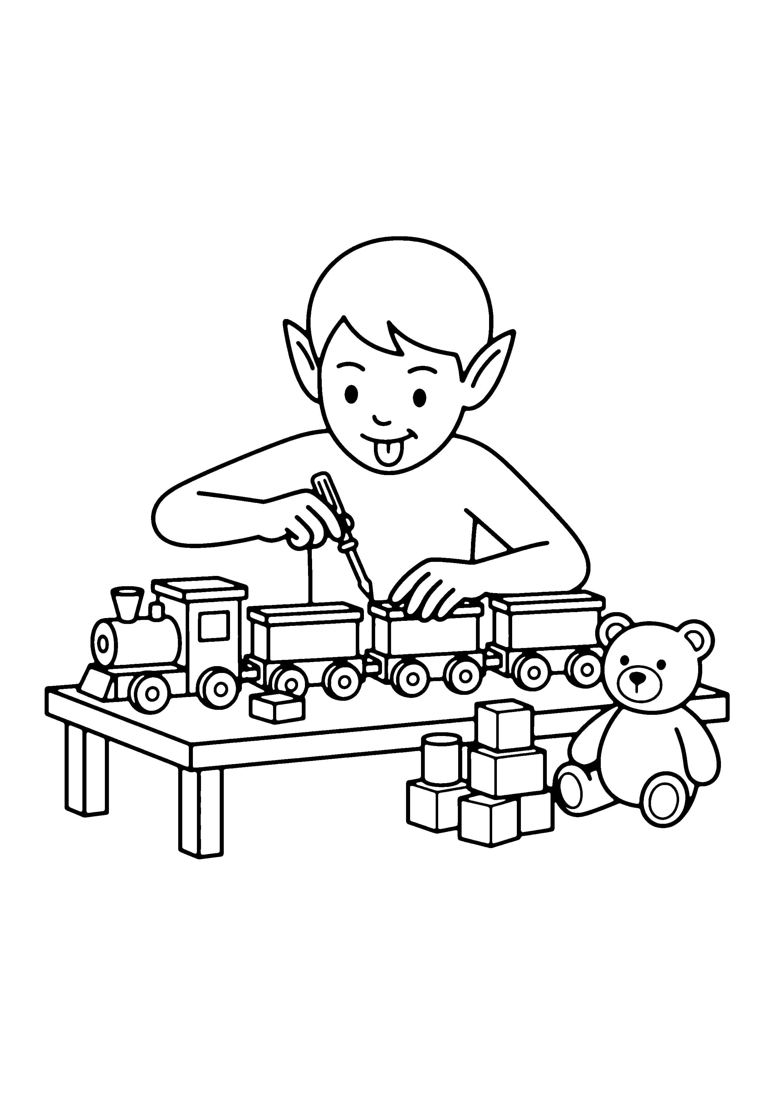 Printable hand-drawn Elf Building a Toy coloring page