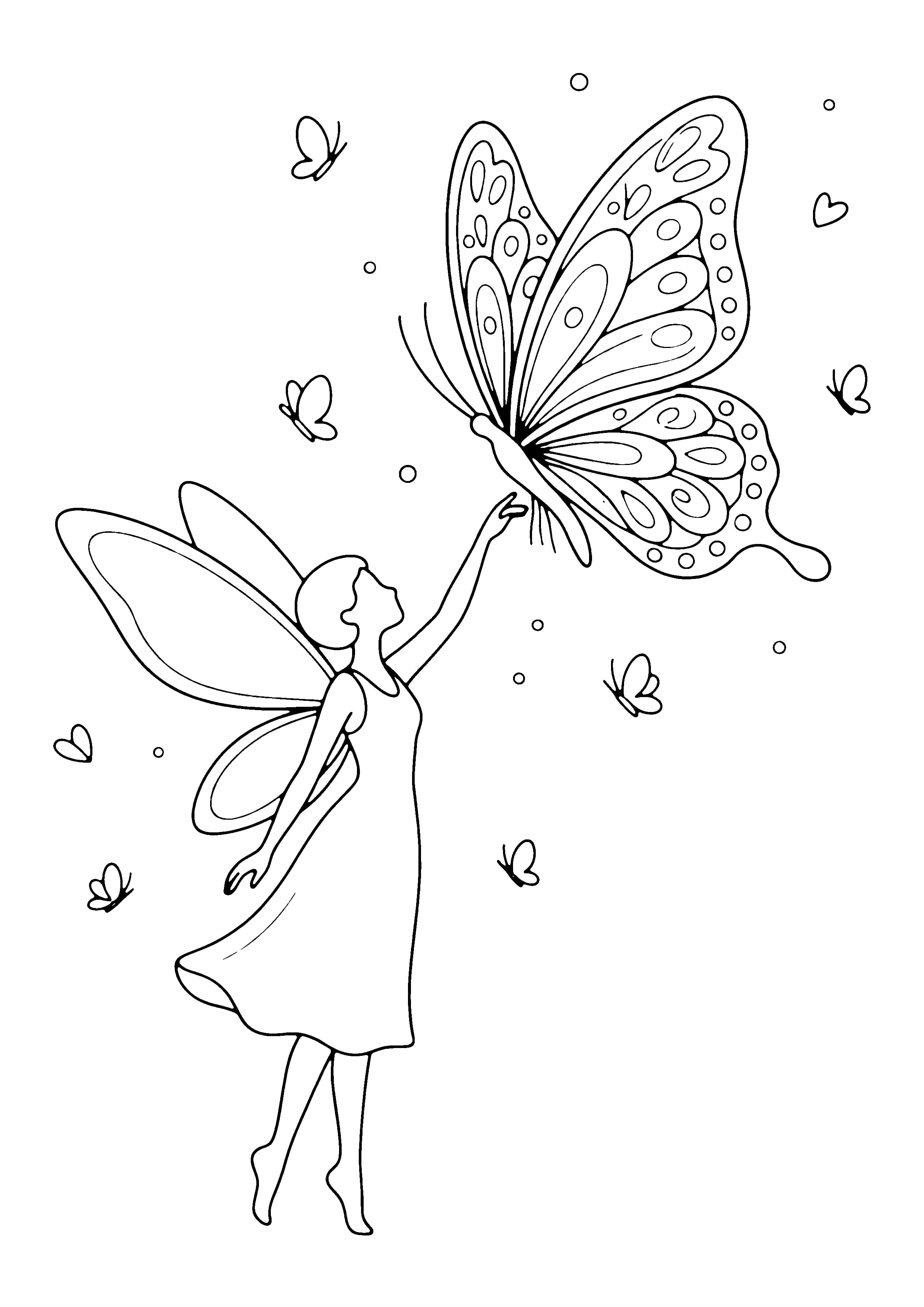 Printable hand-drawn Fairy and a Butterfly coloring page