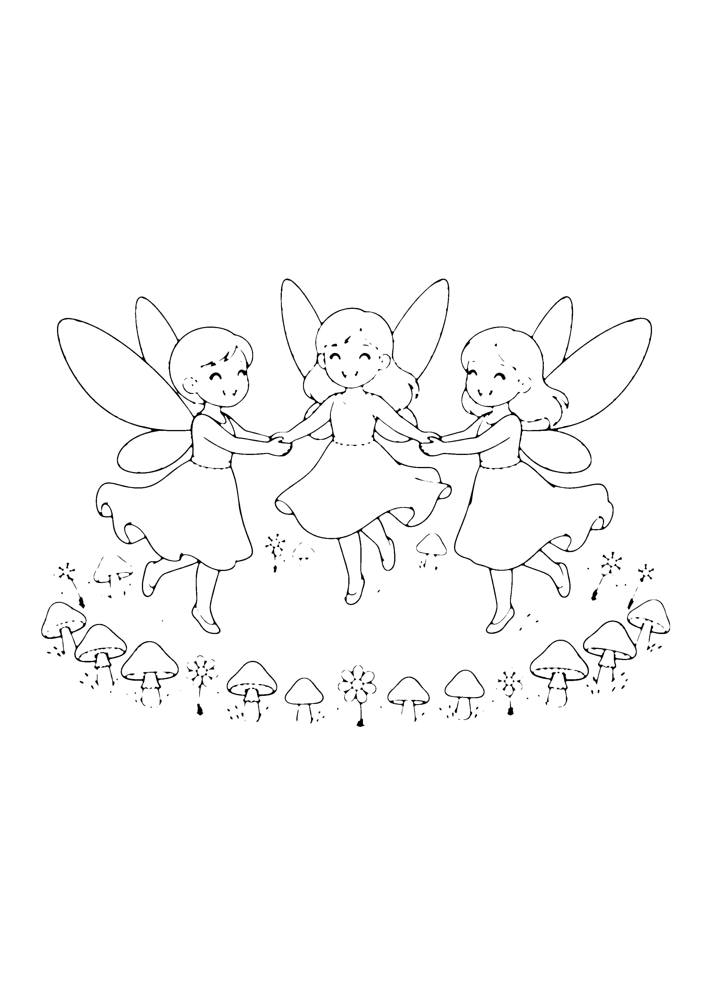Printable hand-drawn Fairy Friends Dancing coloring page