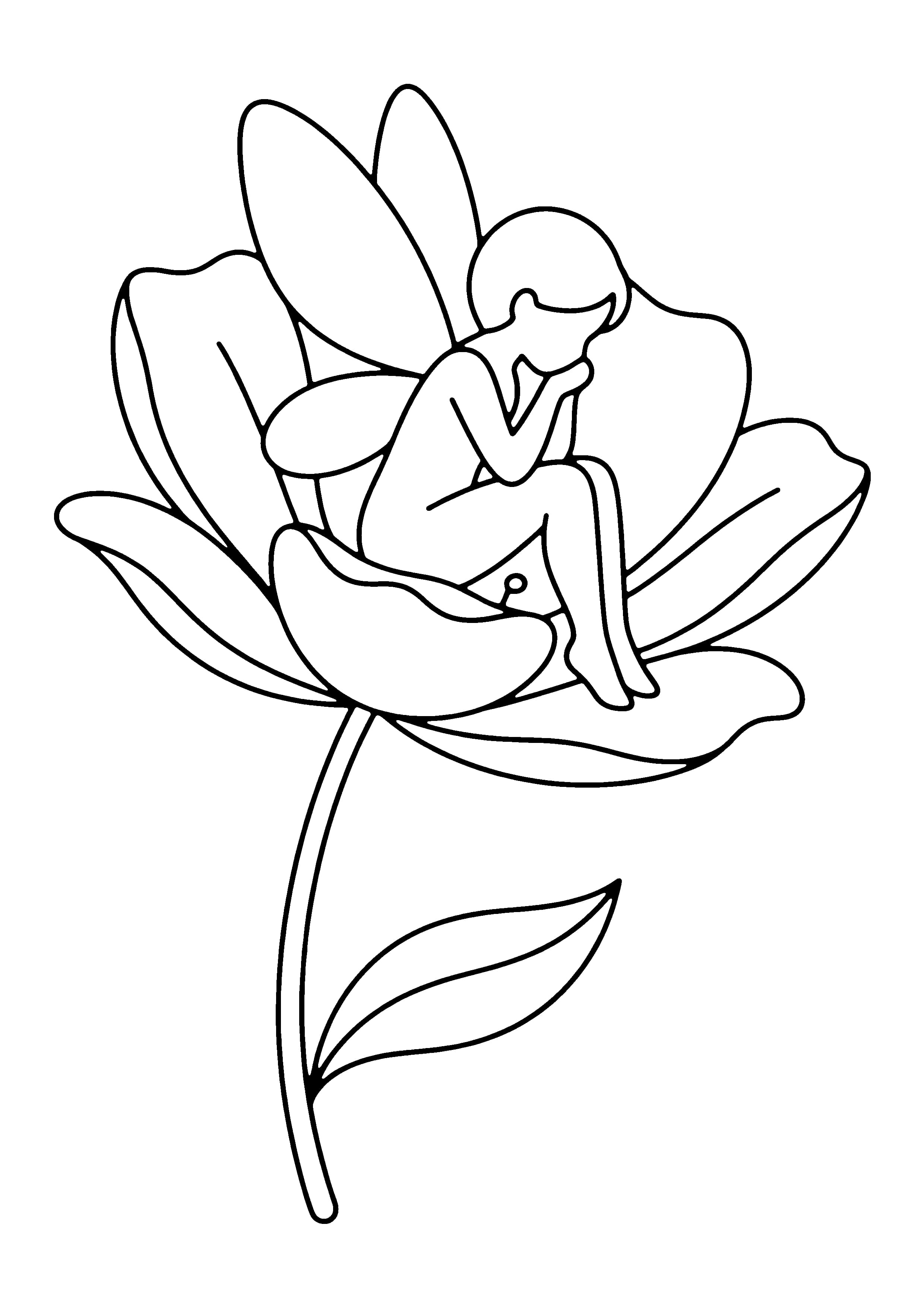 Printable hand-drawn Fairy on a Flower coloring page