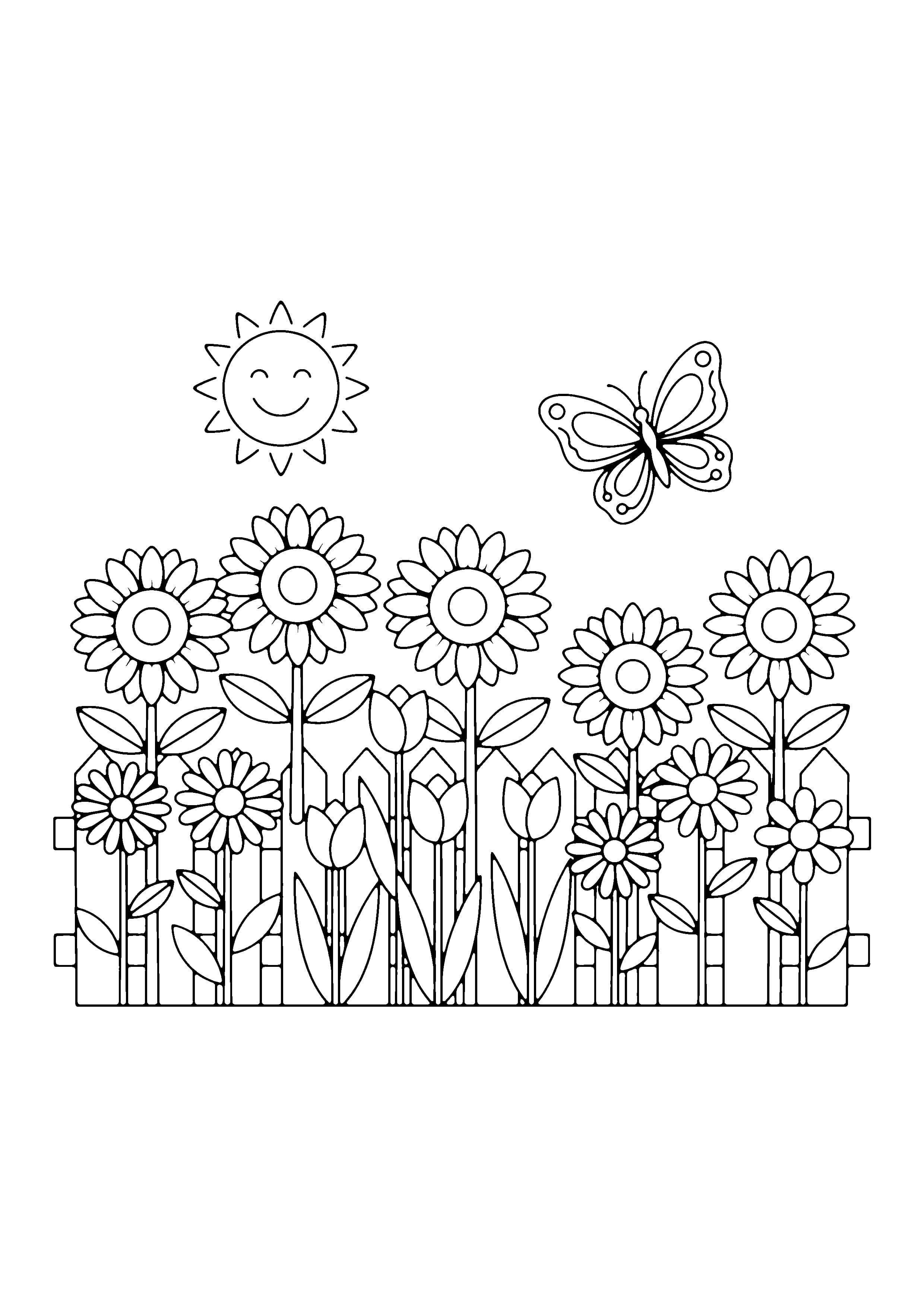 Printable hand-drawn Flower Garden Scene coloring page