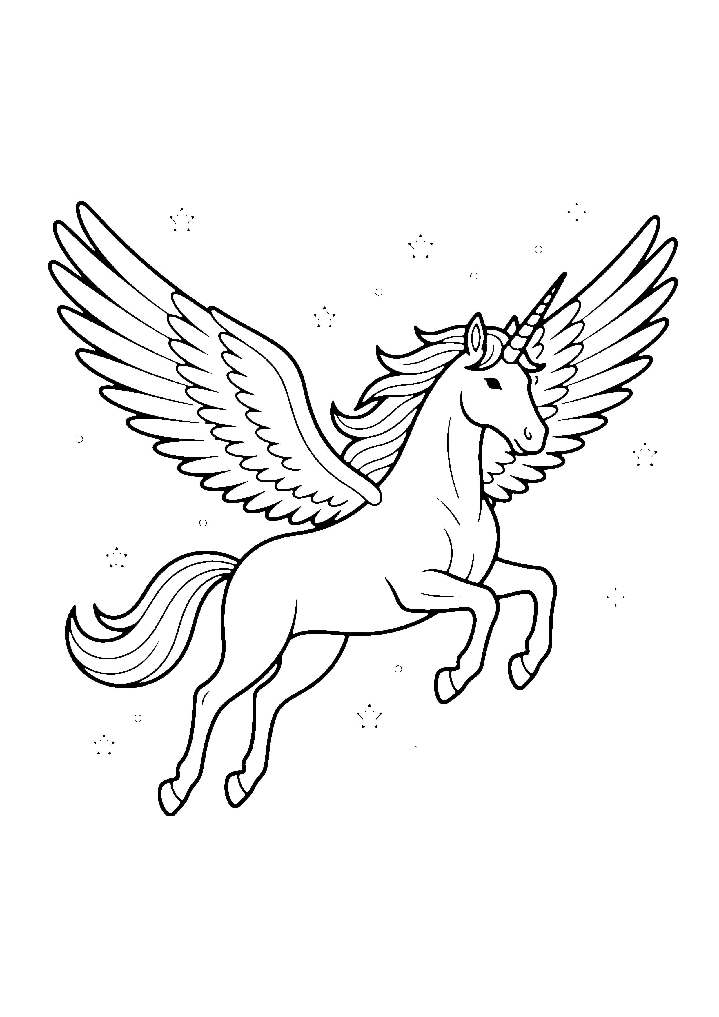 Printable hand-drawn Flying Unicorn coloring page
