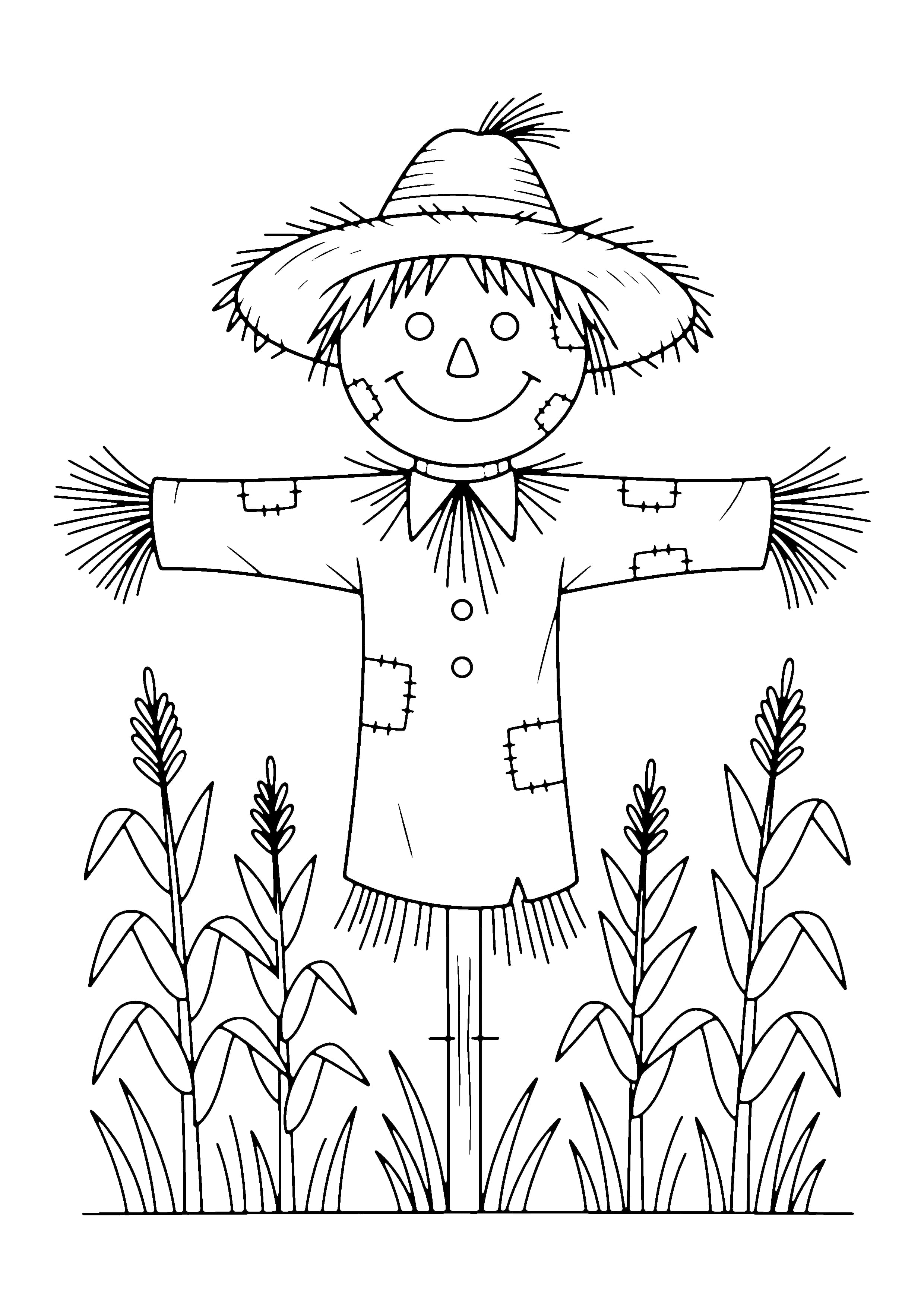 Printable hand-drawn Friendly Fall Scarecrow coloring page