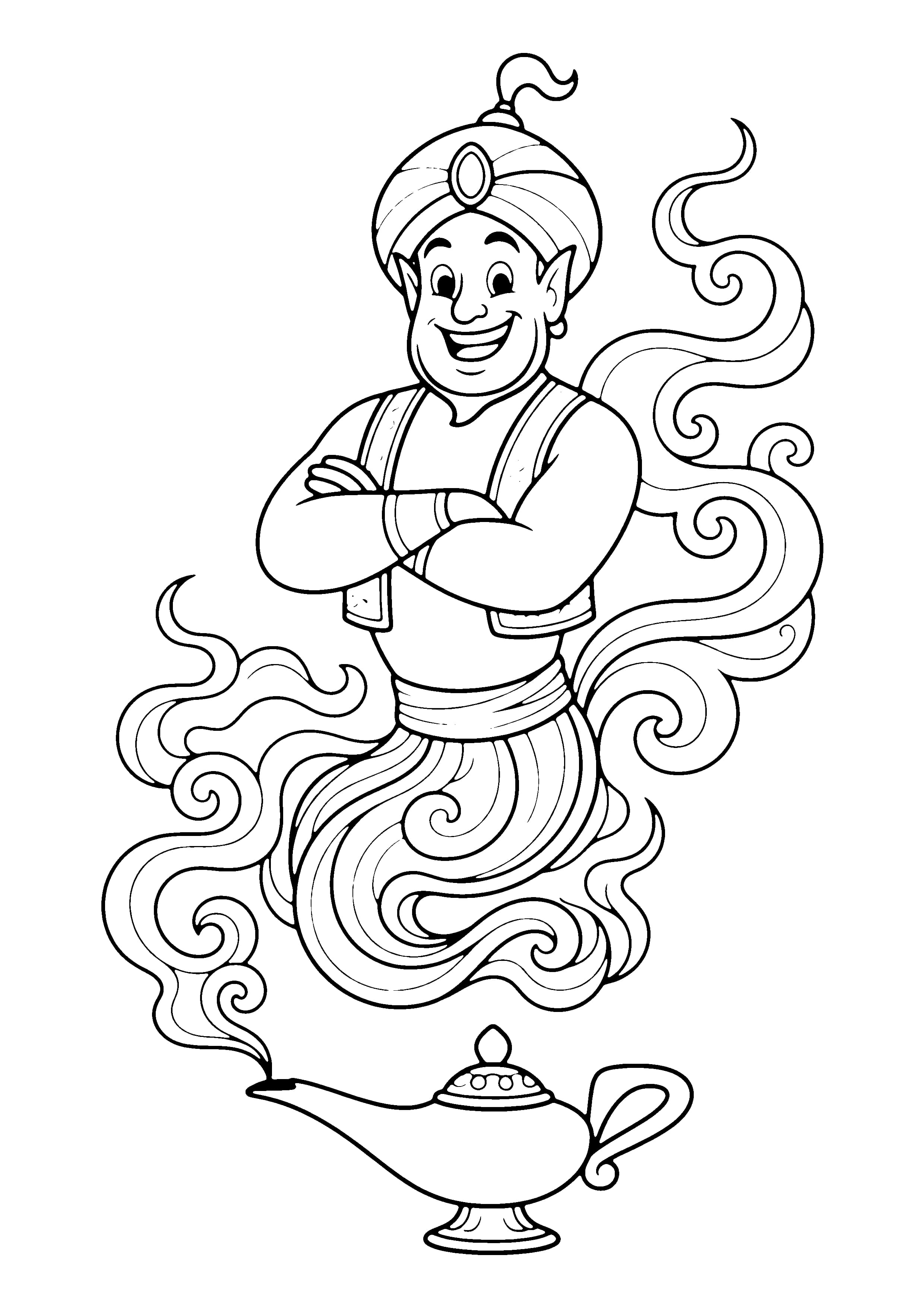 Printable hand-drawn Genie and the Lamp coloring page
