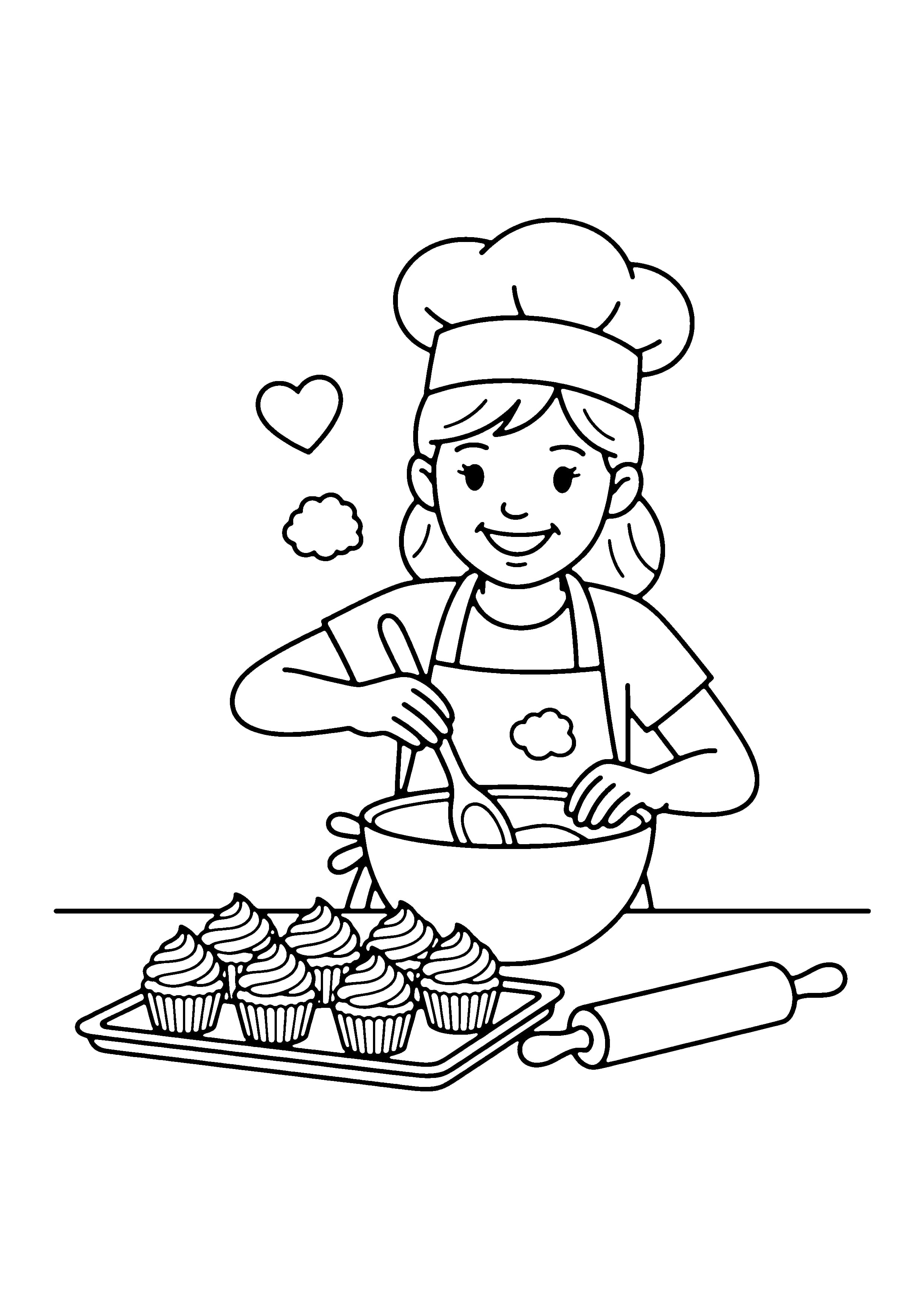 Printable hand-drawn Girl Baking Cupcakes coloring page