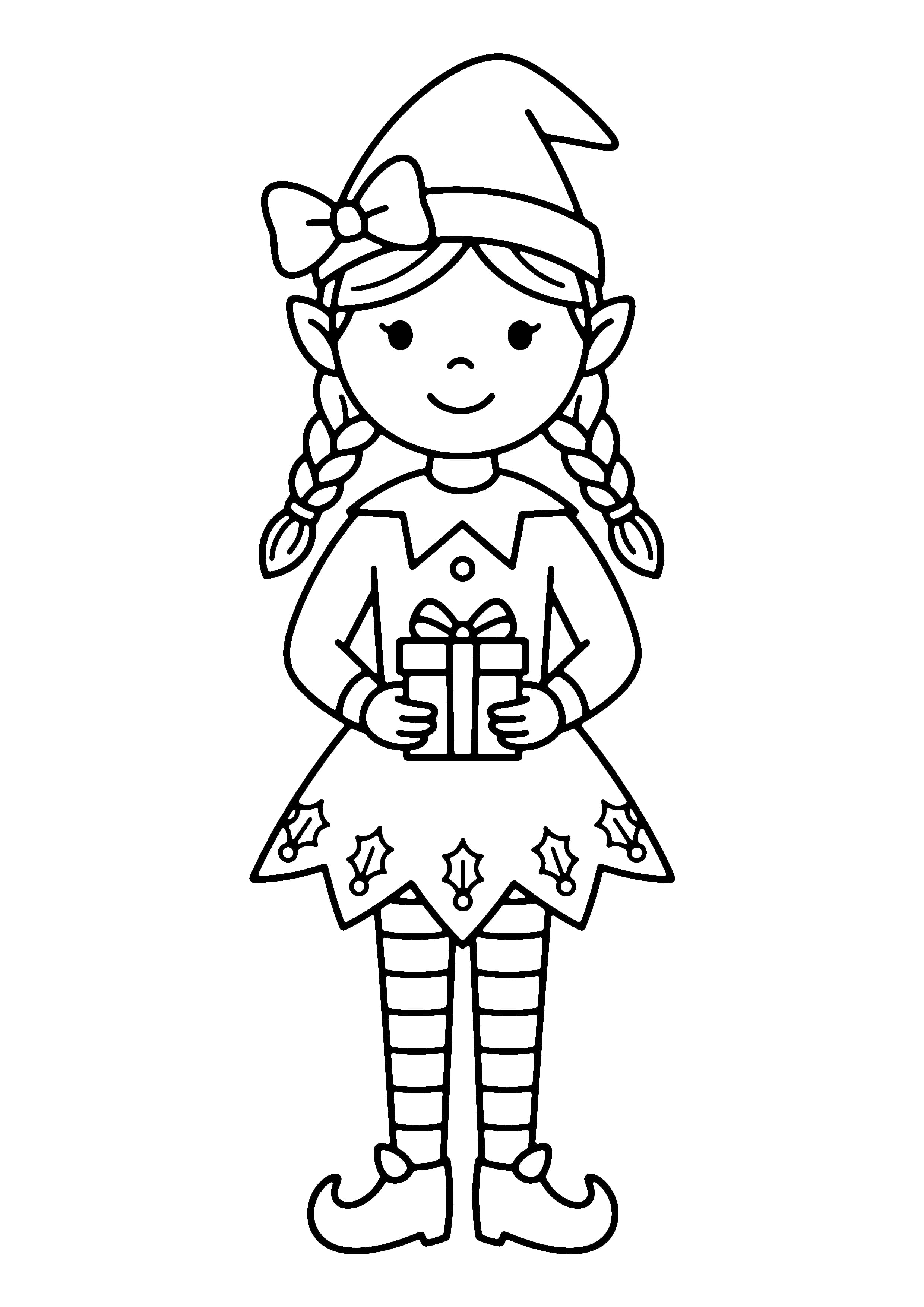 Printable hand-drawn Girl Elf with Bow coloring page