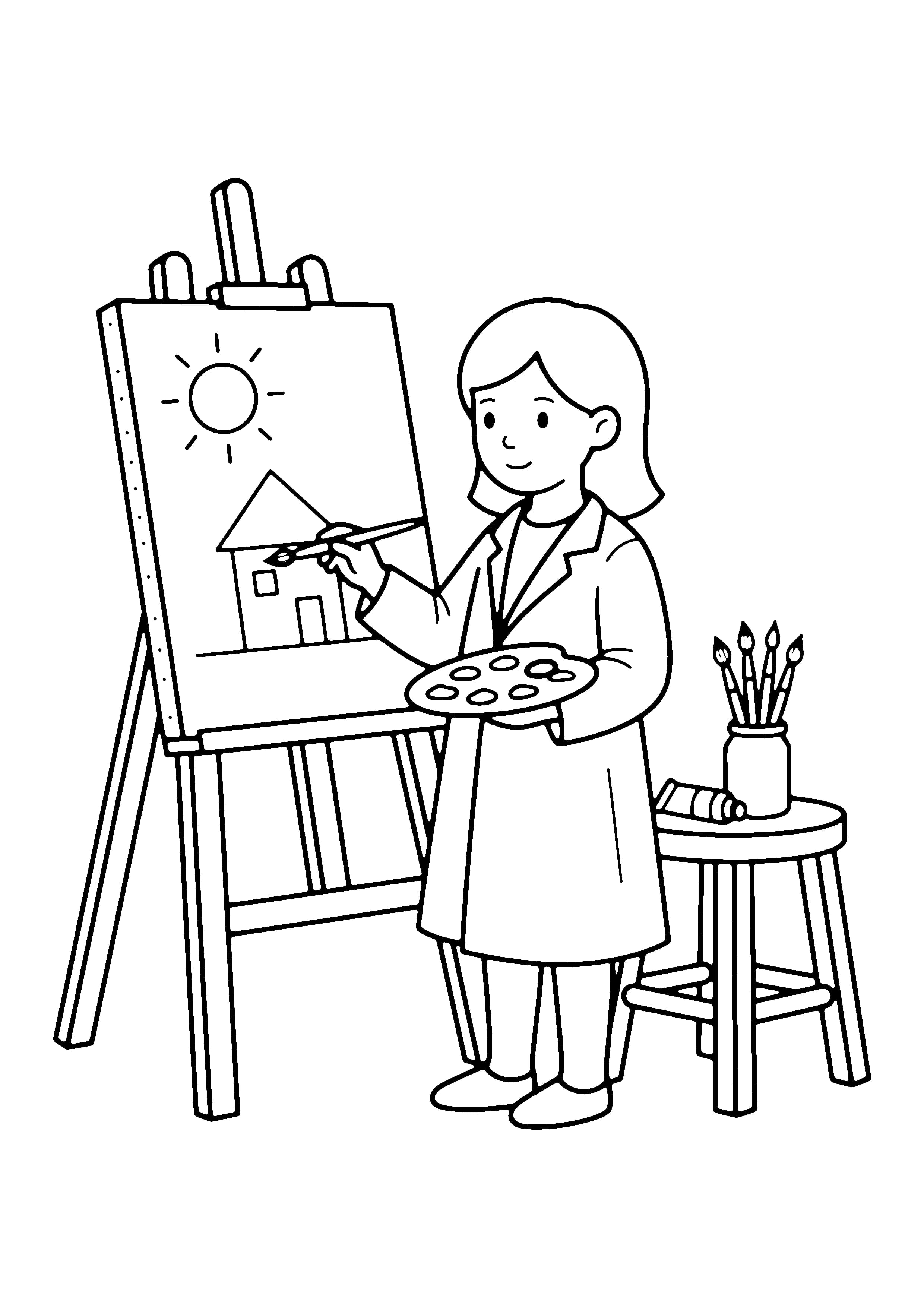 Printable hand-drawn Girl Painting at an Easel coloring page