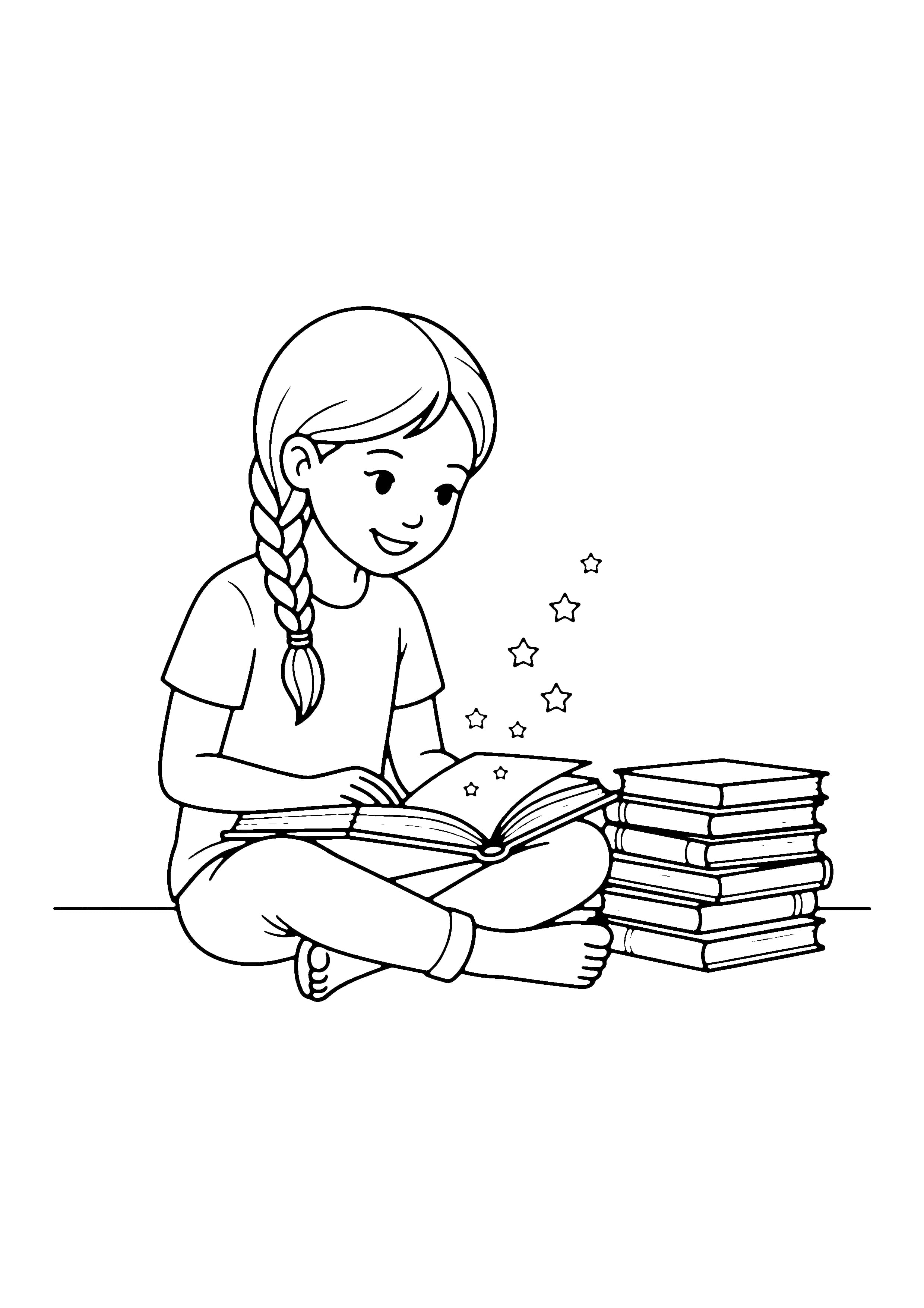 Printable hand-drawn Girl Reading a Book coloring page