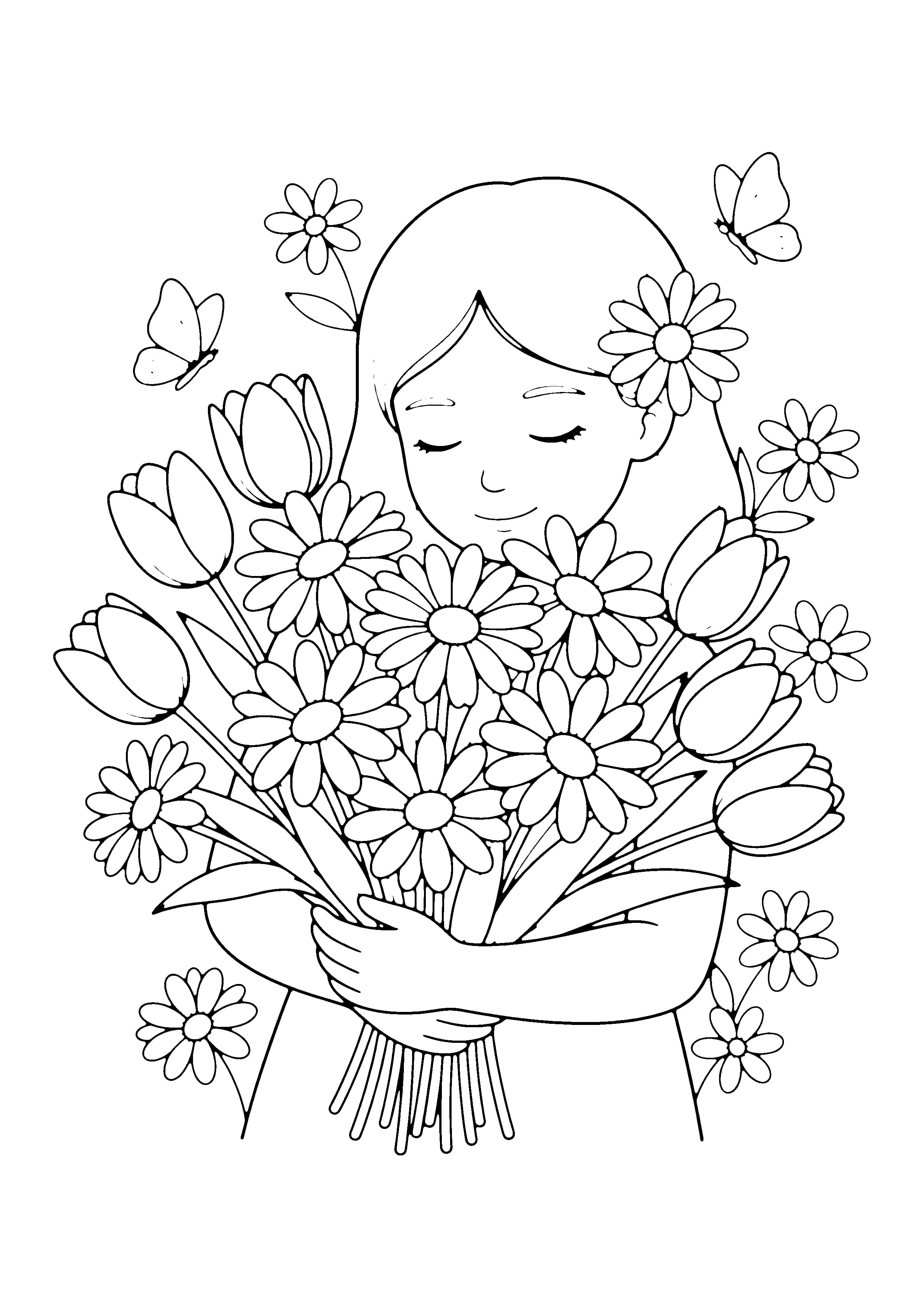 Printable hand-drawn Girl with Flowers coloring page