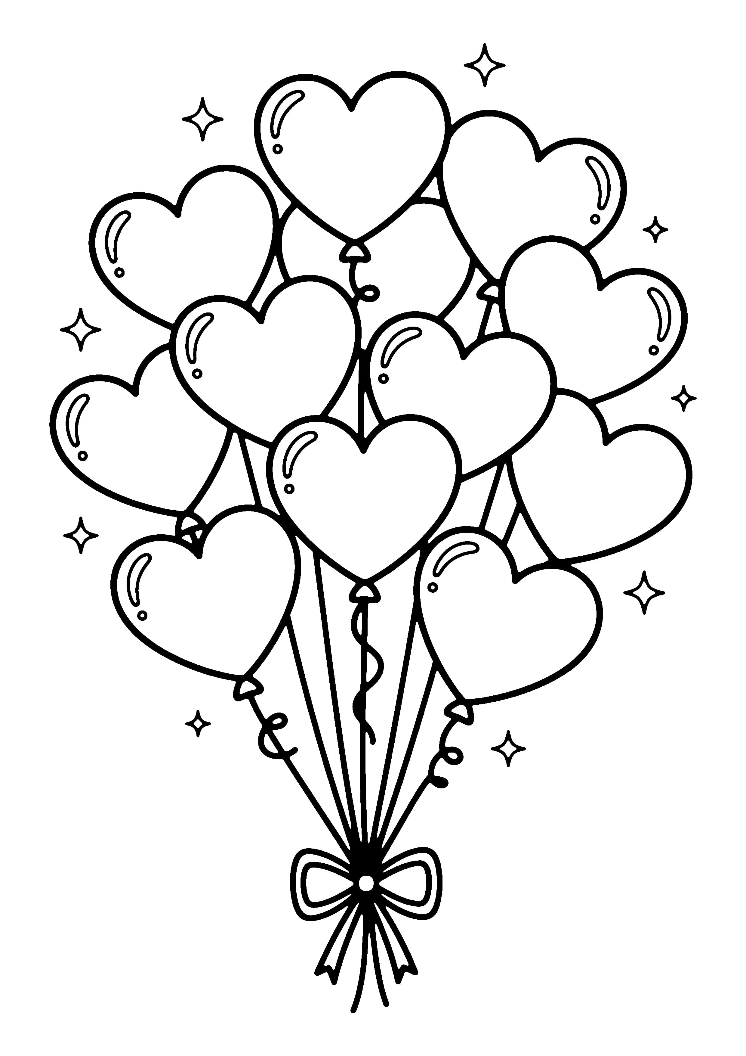 Printable hand-drawn Heart Balloons Bunch coloring page
