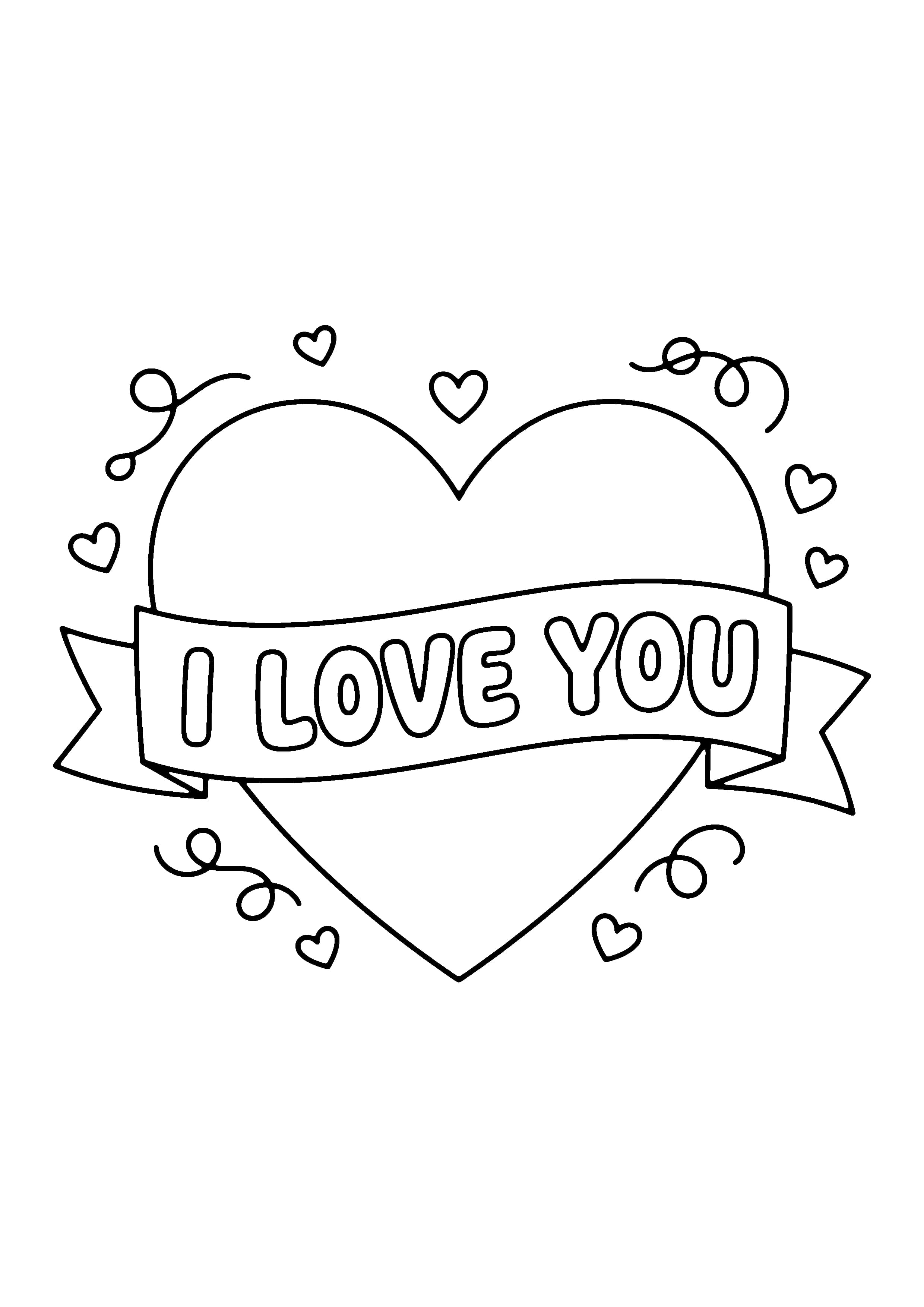 Printable hand-drawn I Love You Banner Heart coloring page