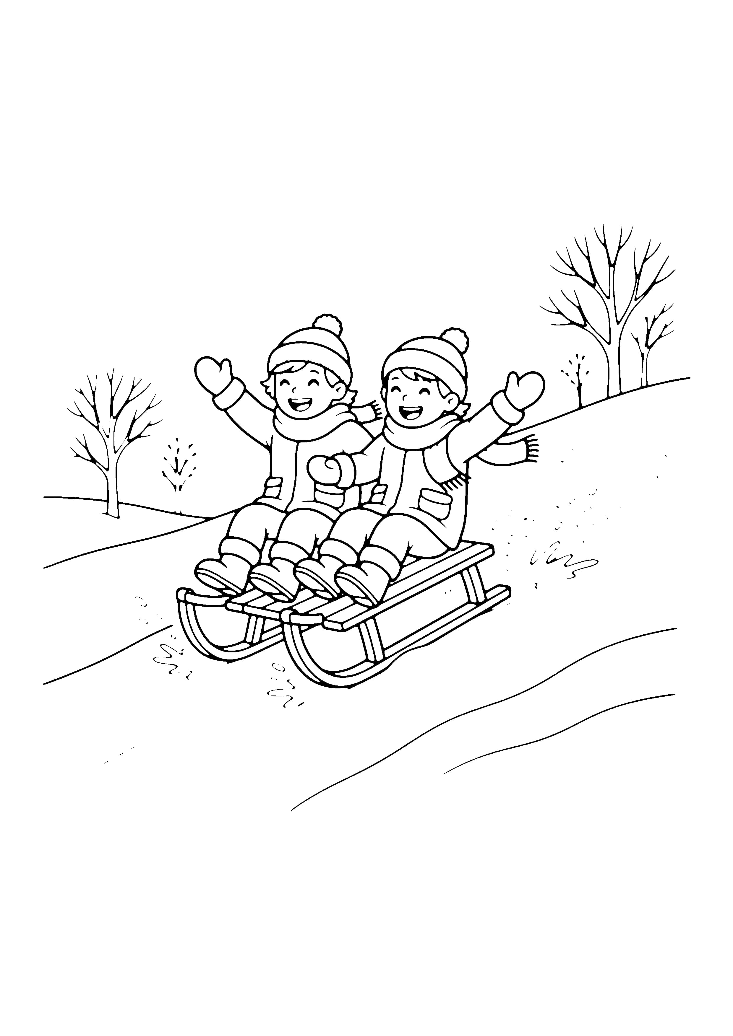 Printable hand-drawn Kids Sledding Downhill coloring page