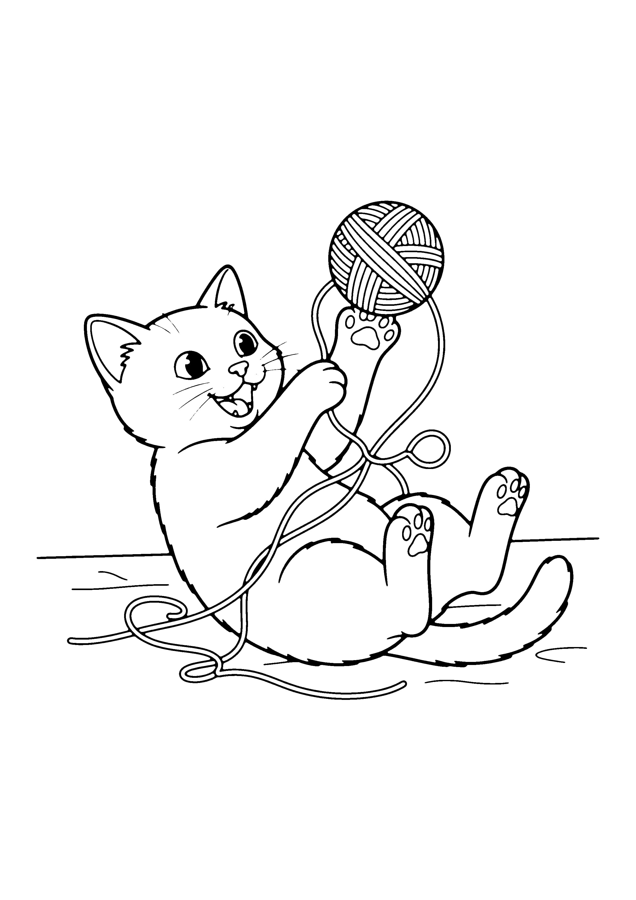 Printable hand-drawn Kitten Playing with Yarn coloring page