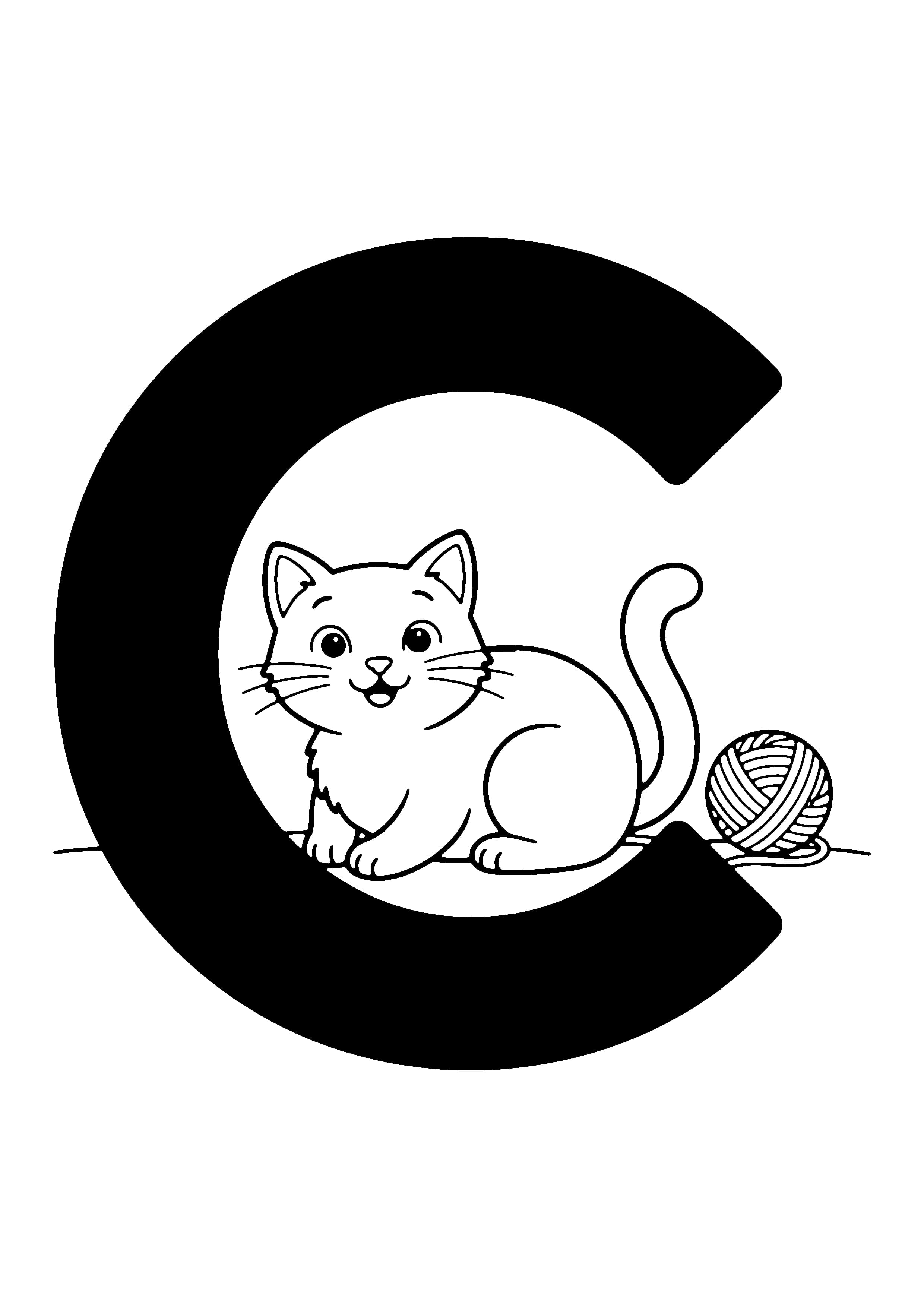 Printable hand-drawn Letter C with Cat coloring page
