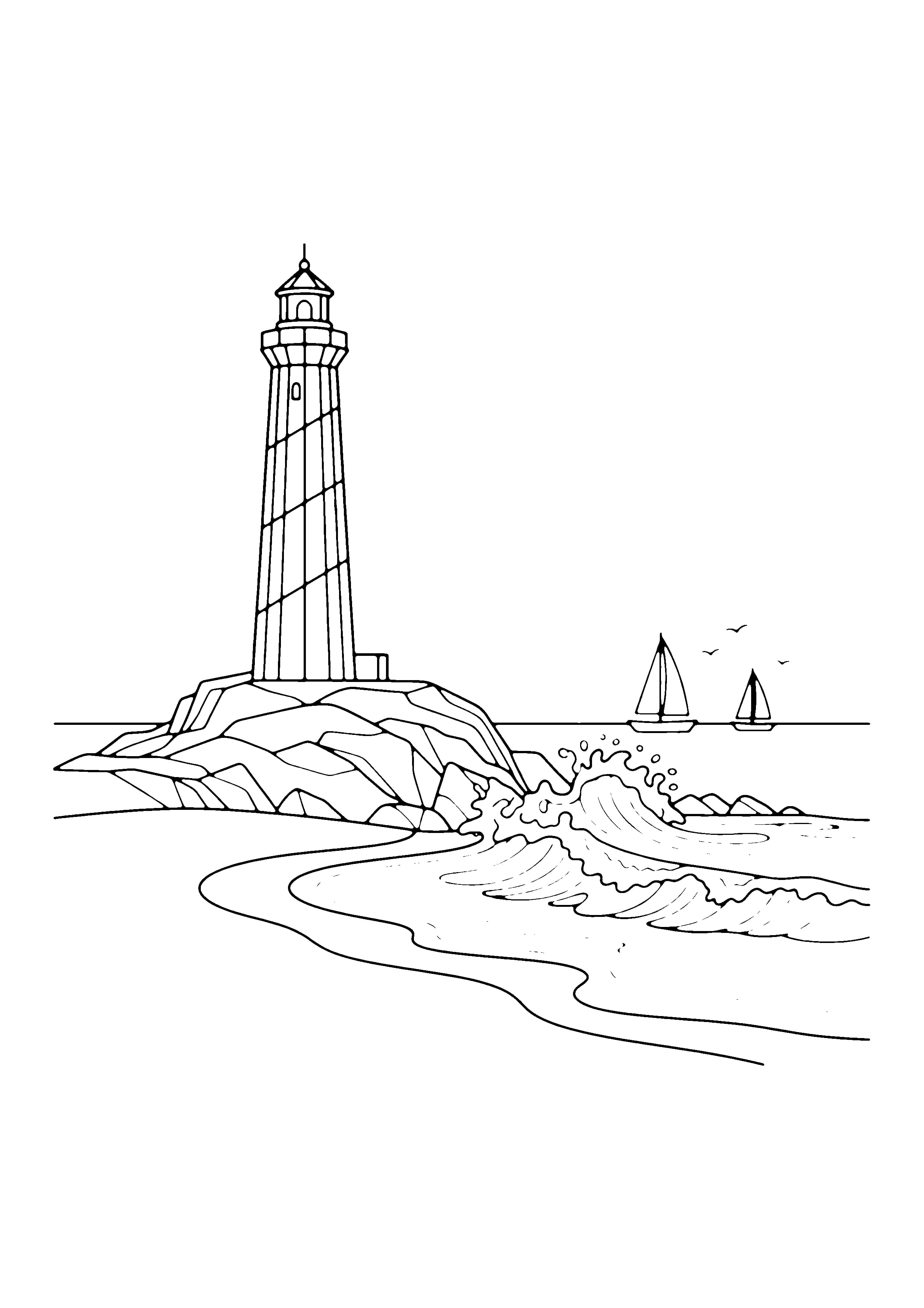 Printable hand-drawn Lighthouse by the Shore coloring page