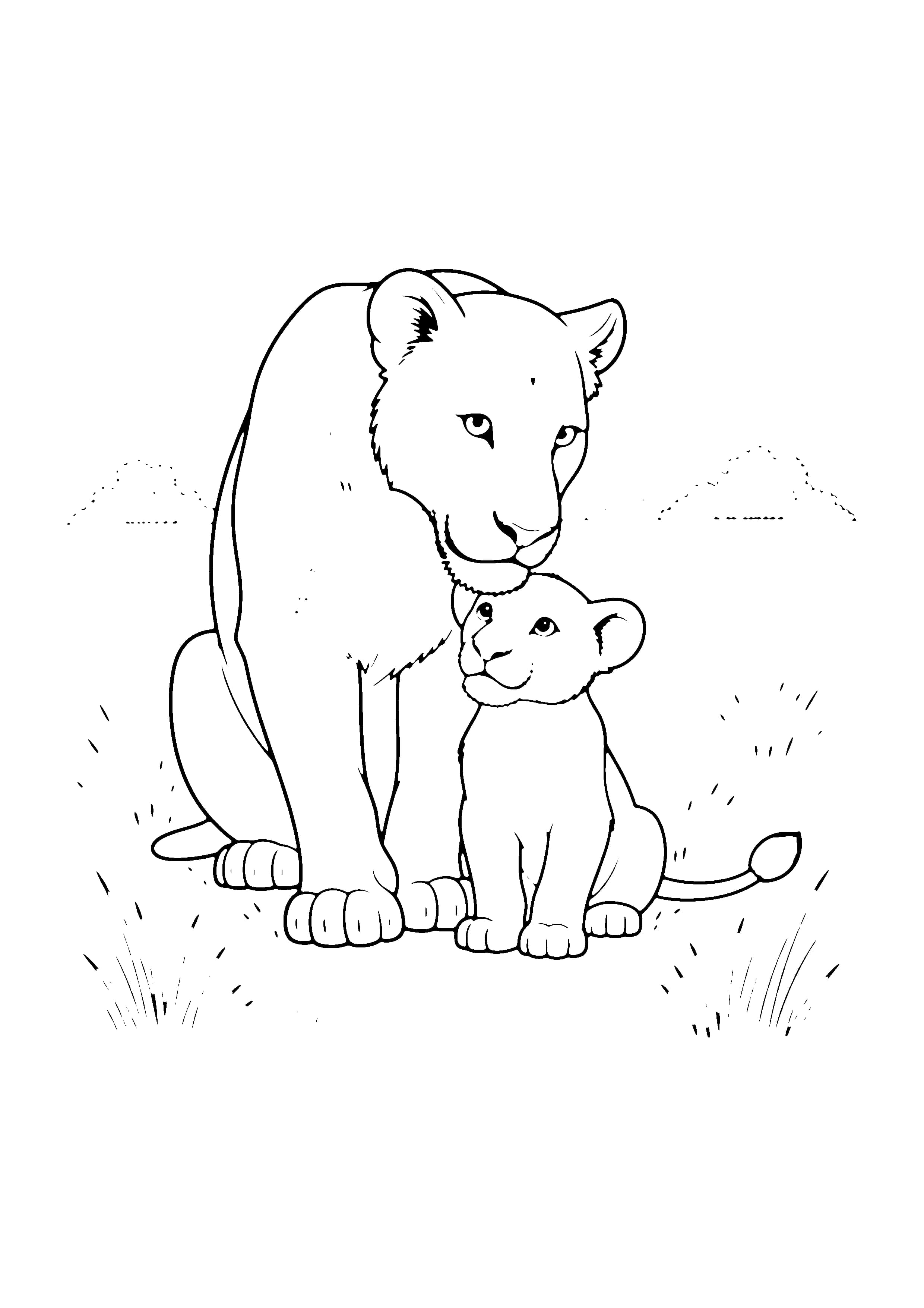 Printable hand-drawn Lion Cub and Mom coloring page