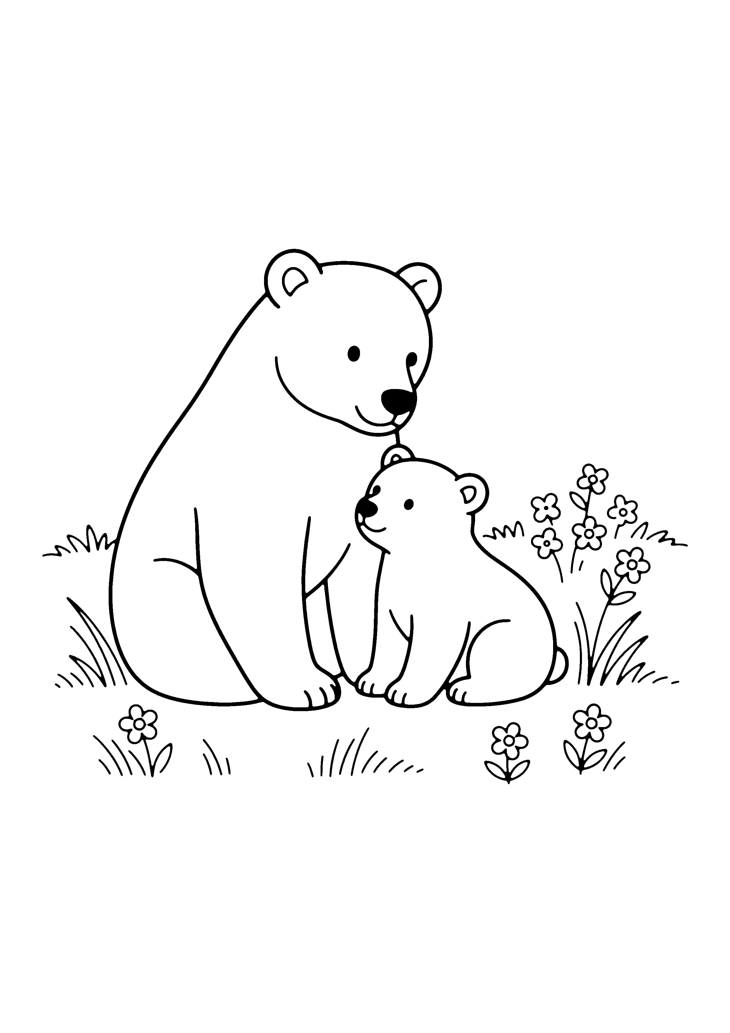 Printable hand-drawn Mama Bear and Cub coloring page