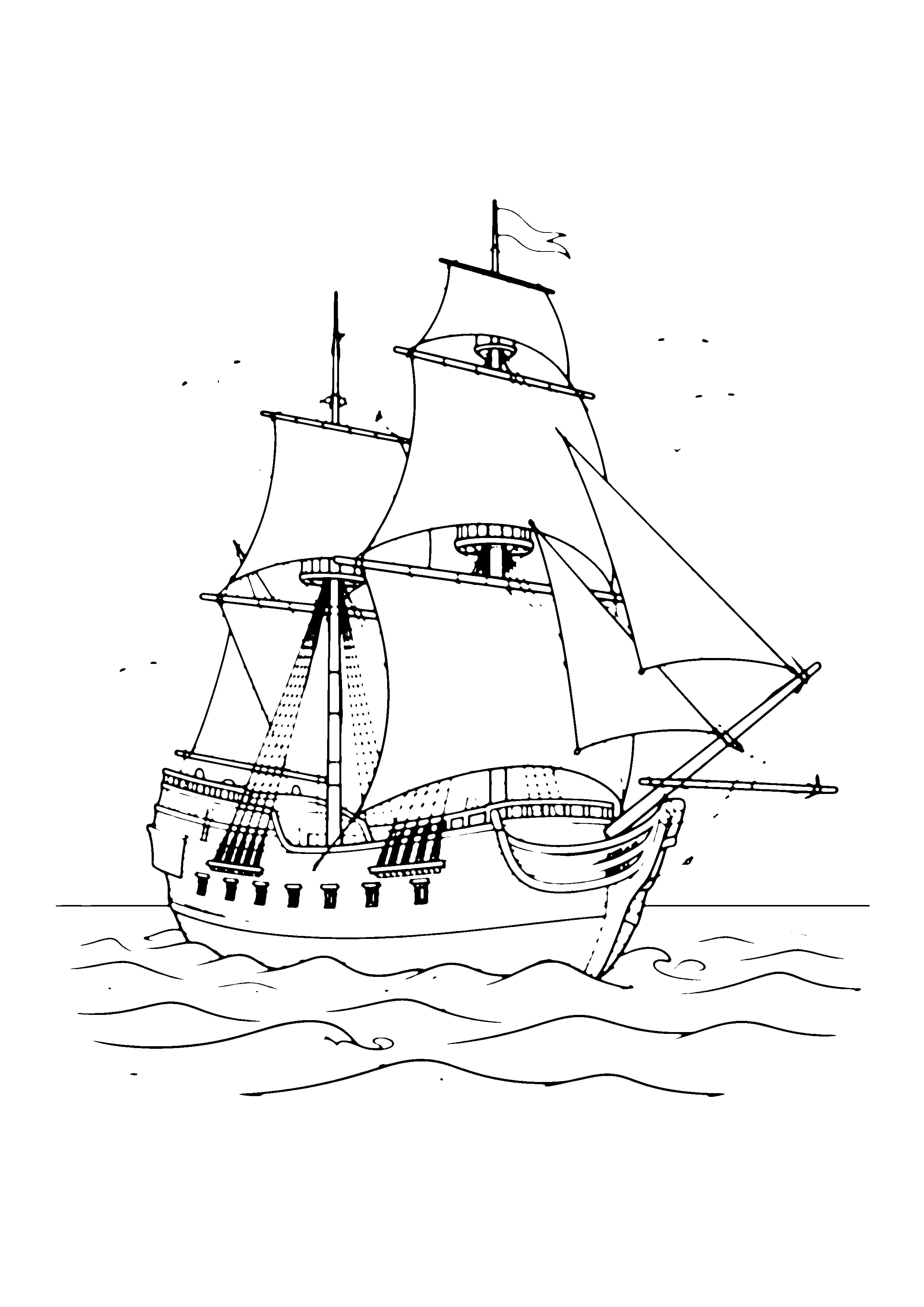 Printable hand-drawn Mayflower Ship coloring page