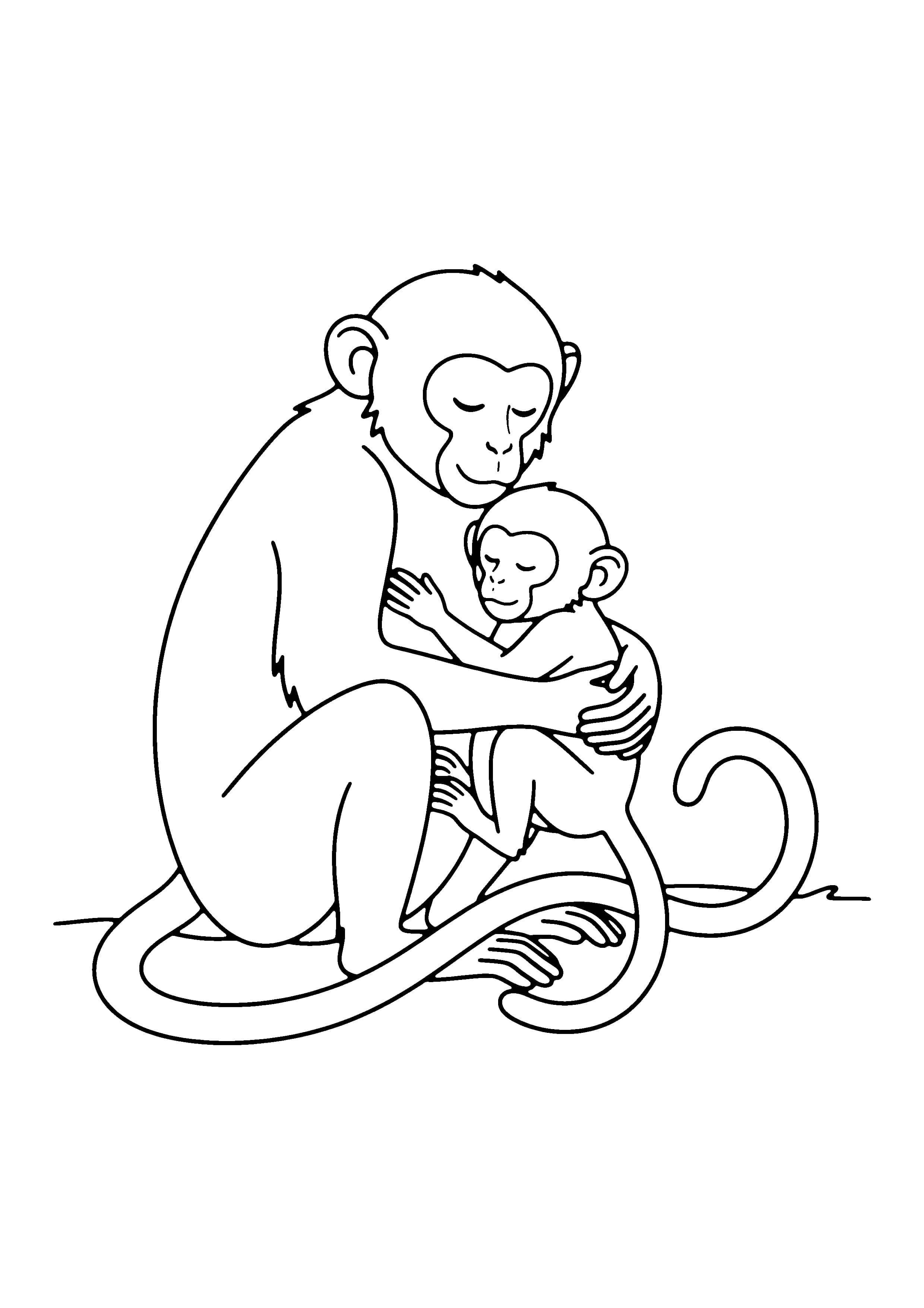Printable hand-drawn Mom and Baby Monkey coloring page