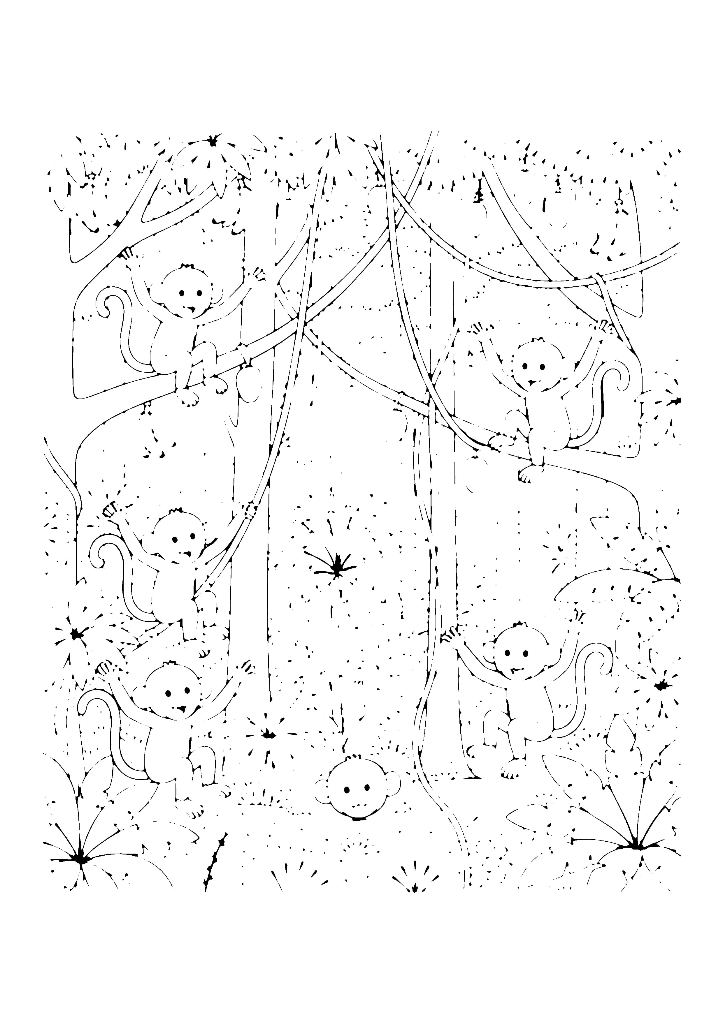 Printable hand-drawn Monkey Troop in the Jungle coloring page