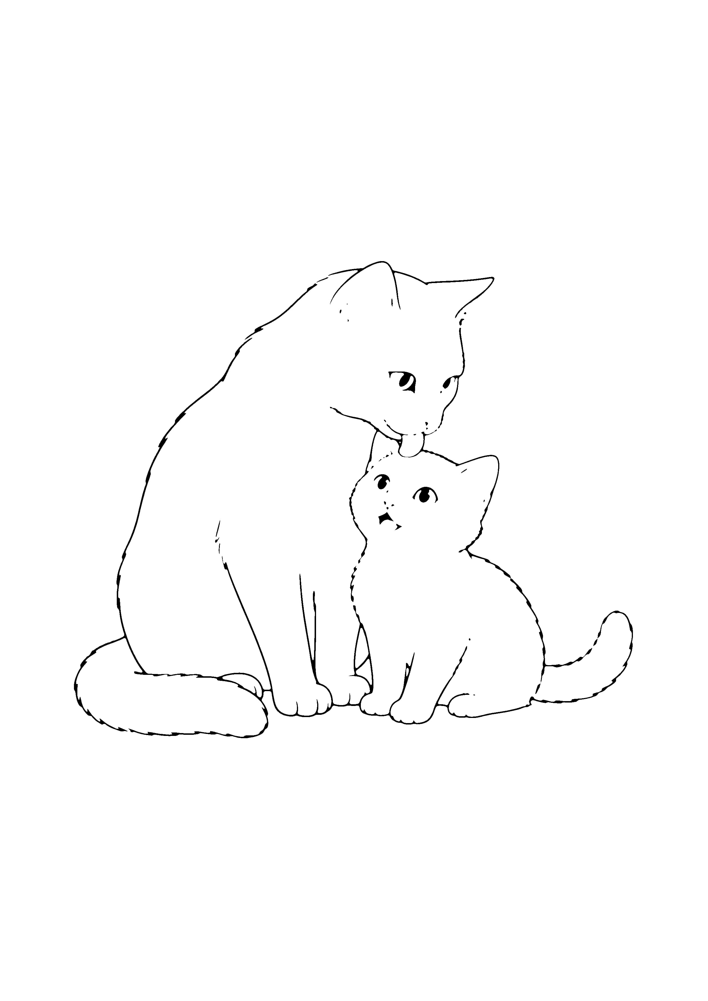 Printable hand-drawn Mother Cat and Kitten coloring page