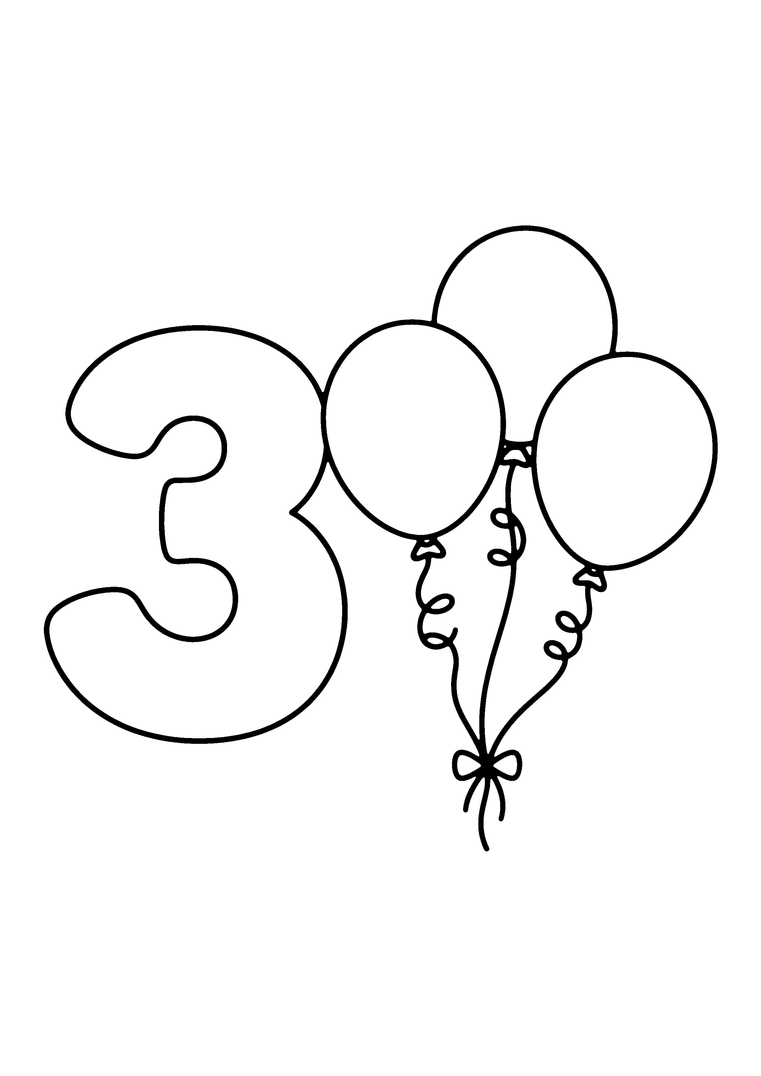 Printable hand-drawn Number Three Balloons coloring page