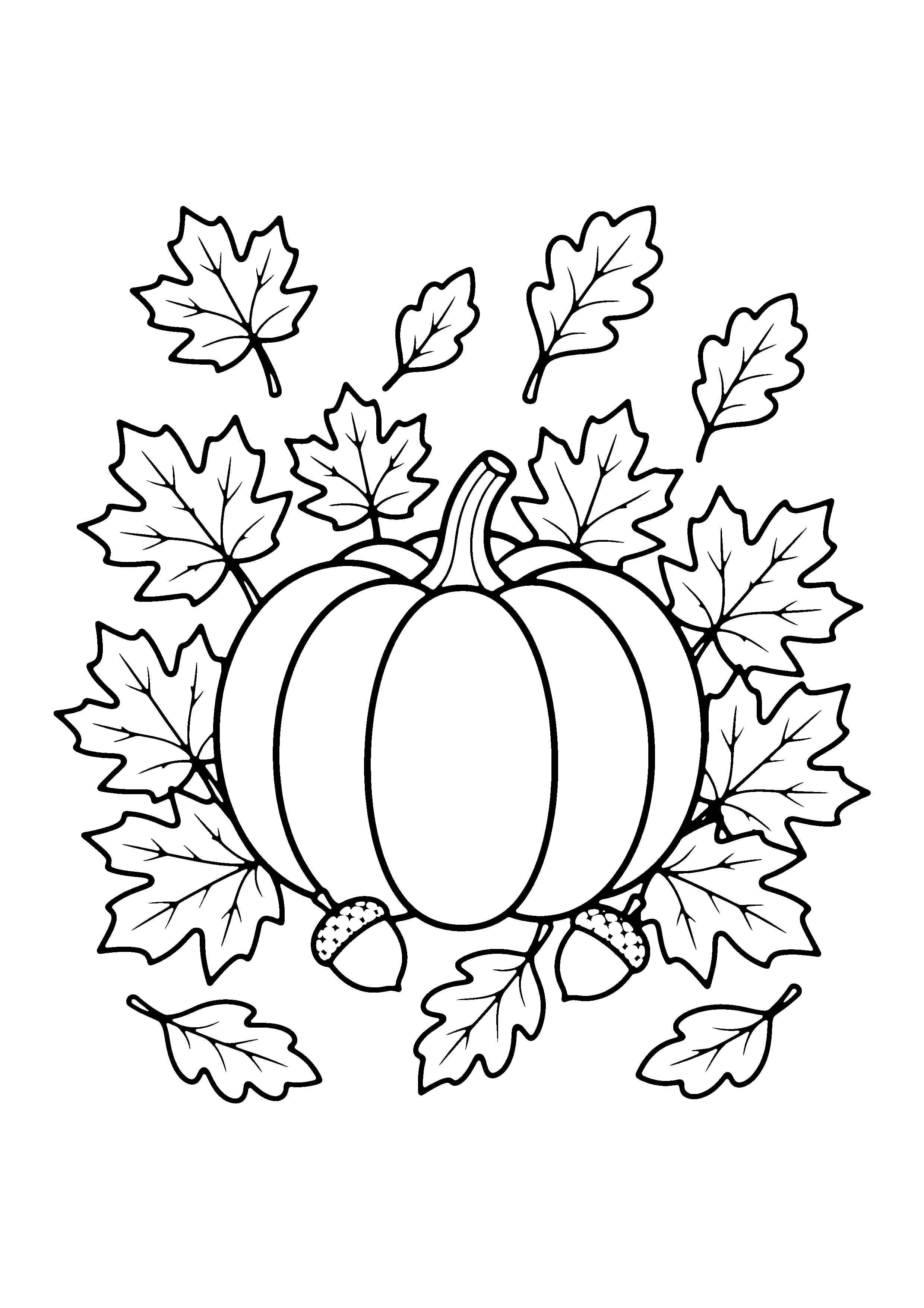 Printable hand-drawn Pumpkin and Fall Leaves coloring page