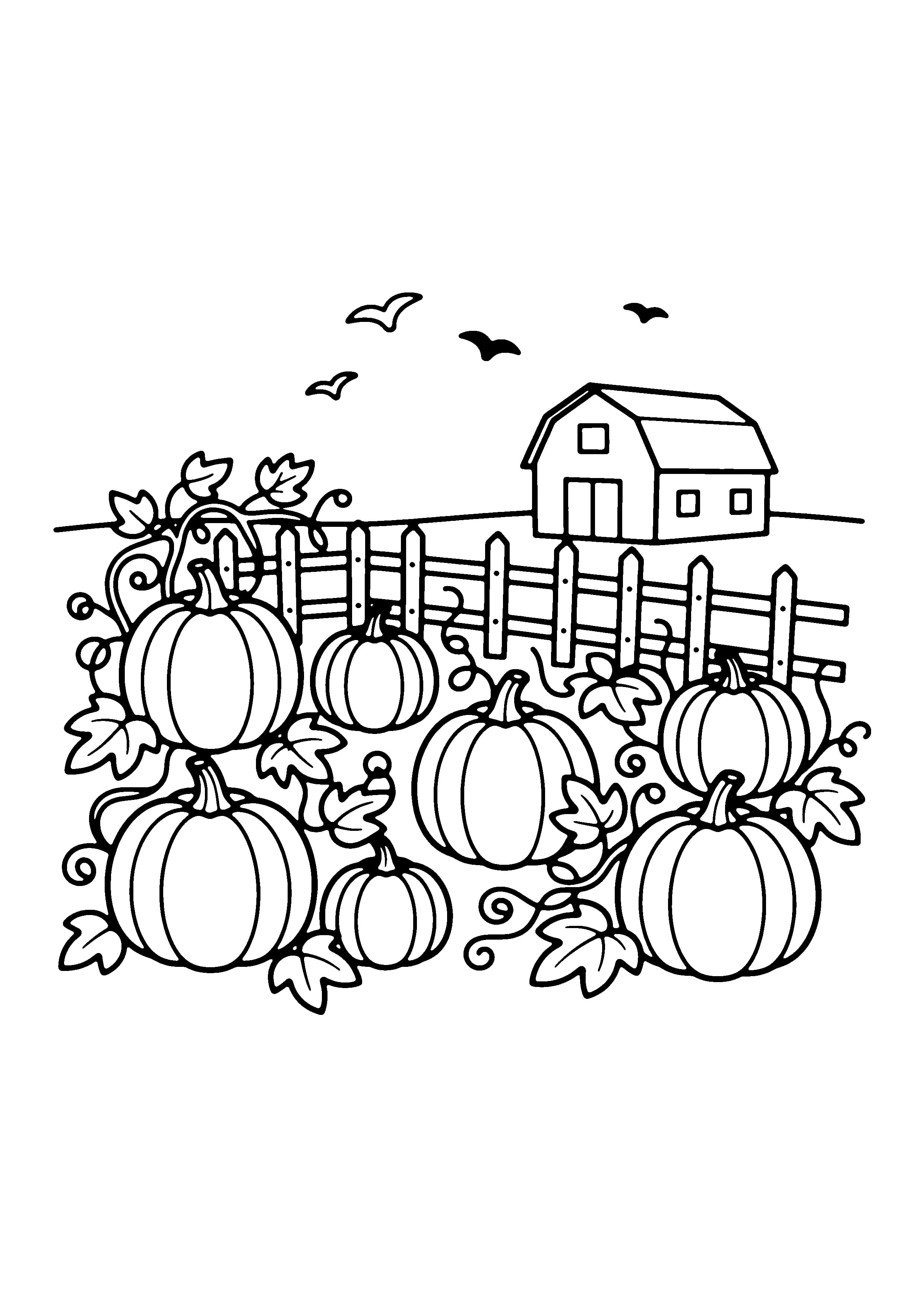 Printable hand-drawn Pumpkin Patch Scene coloring page