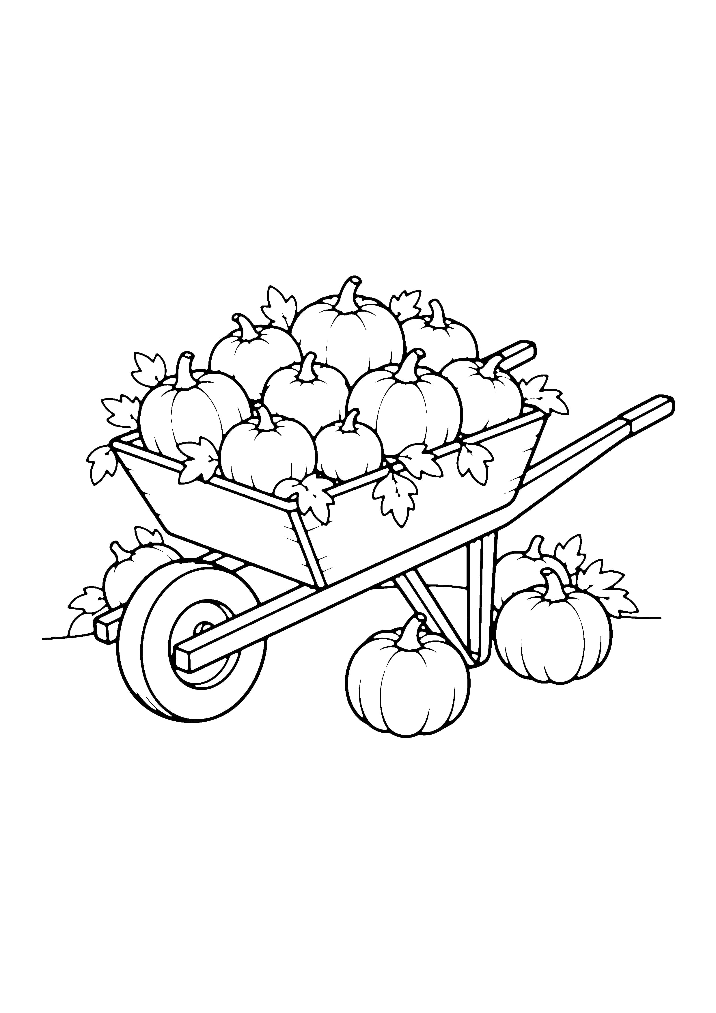 Printable hand-drawn Pumpkin Wheelbarrow coloring page
