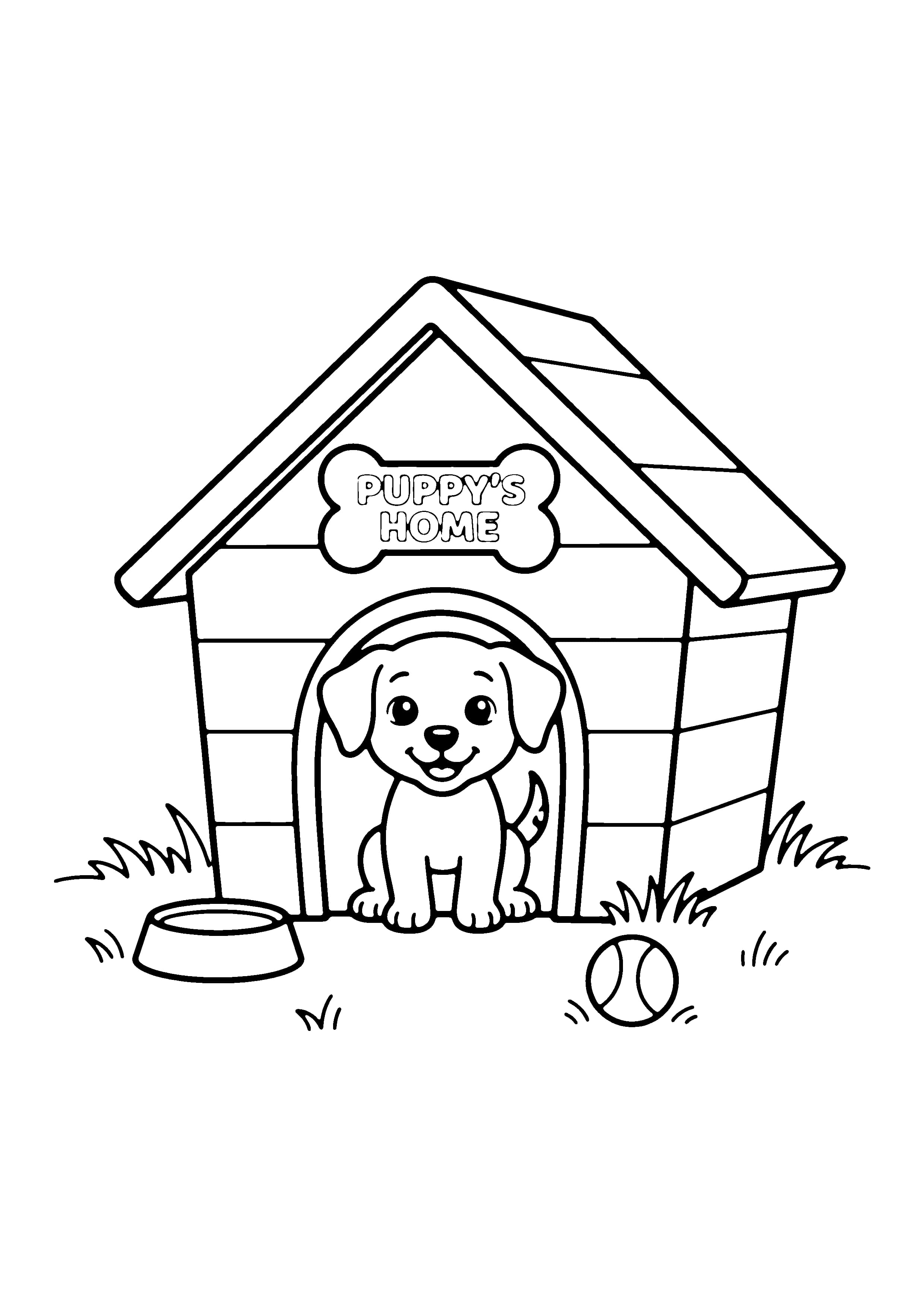 Printable hand-drawn Puppy in a Doghouse coloring page