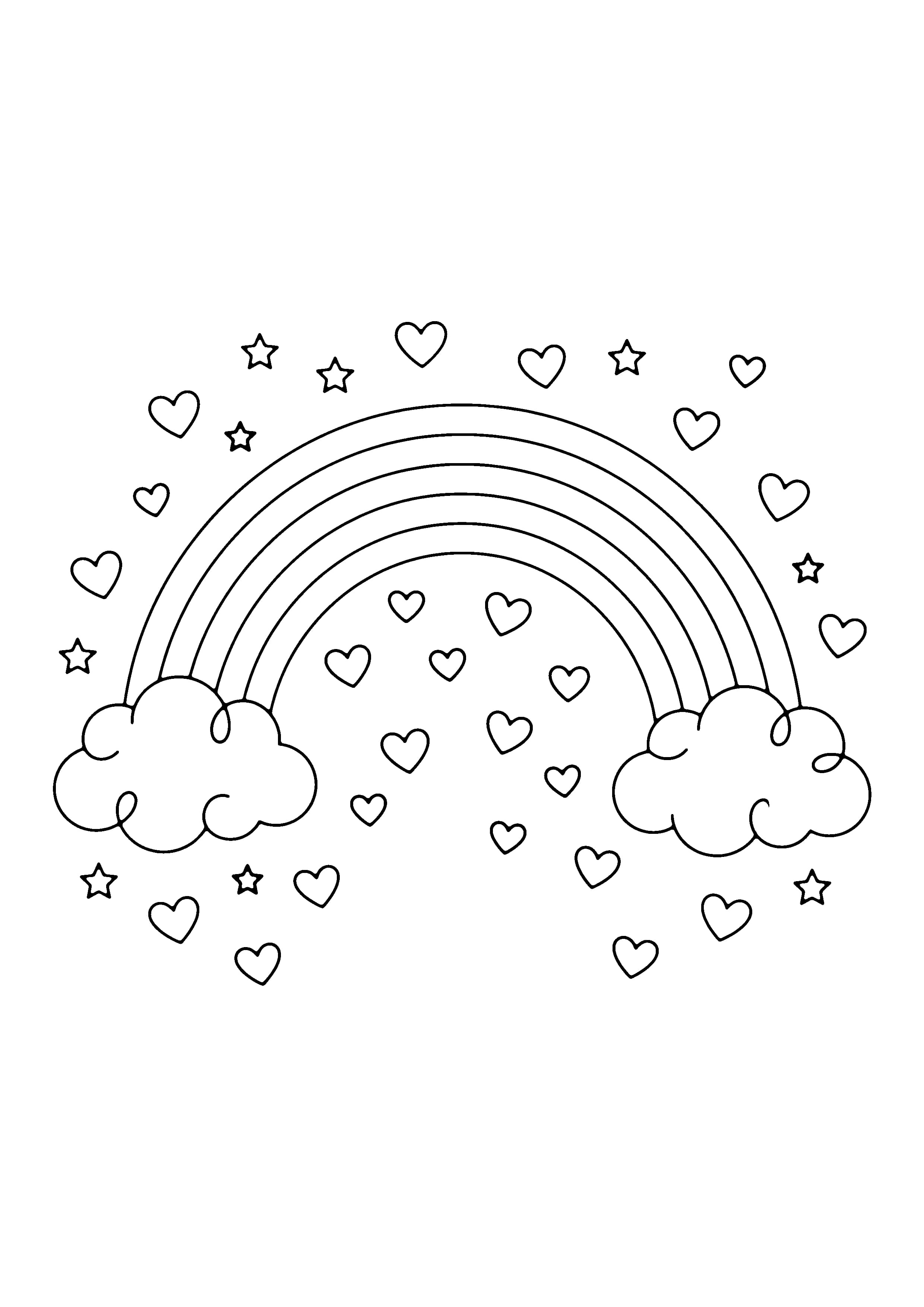 Printable hand-drawn Rainbow Hearts Scene coloring page