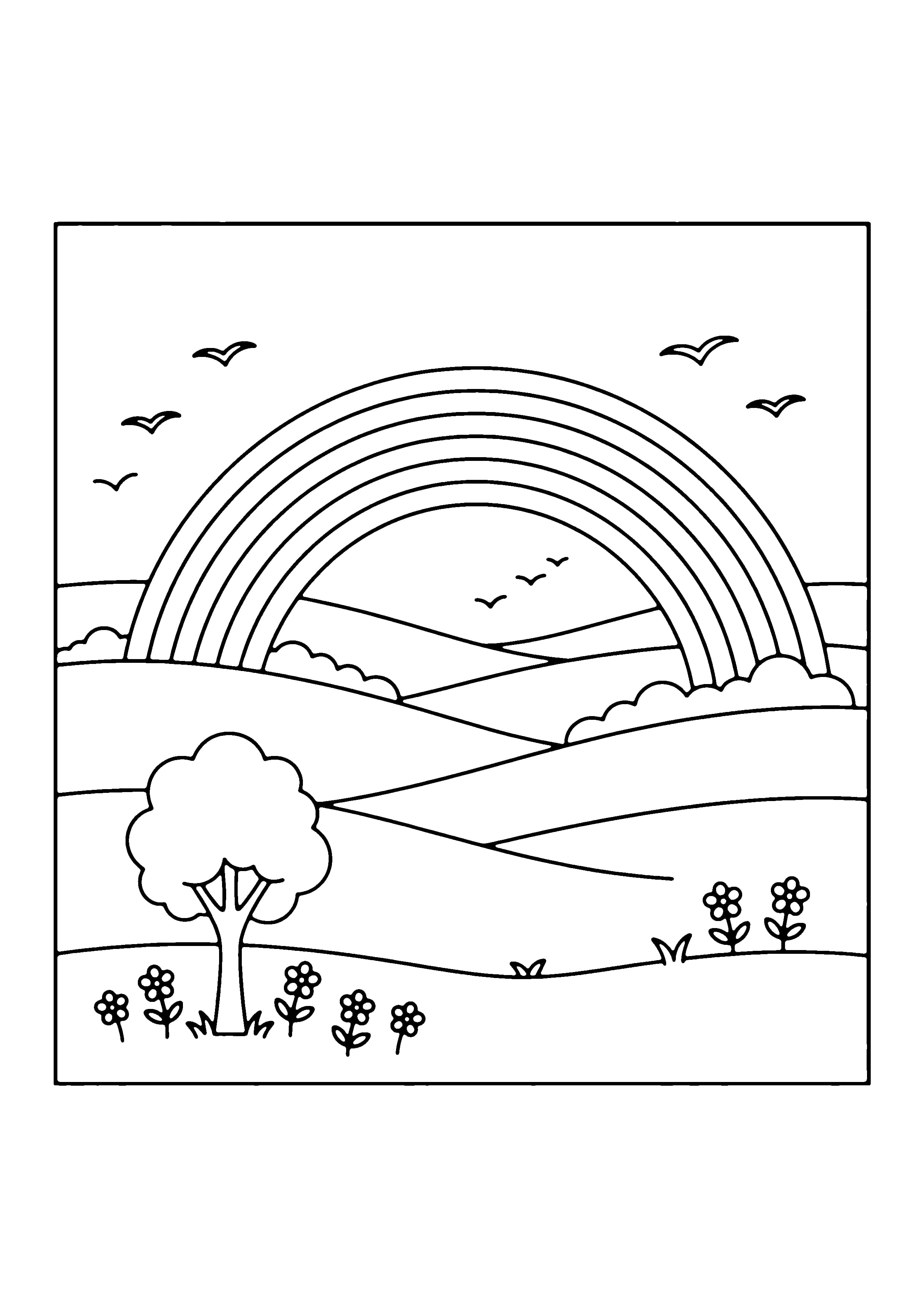 Printable hand-drawn Rainbow Over Hills coloring page