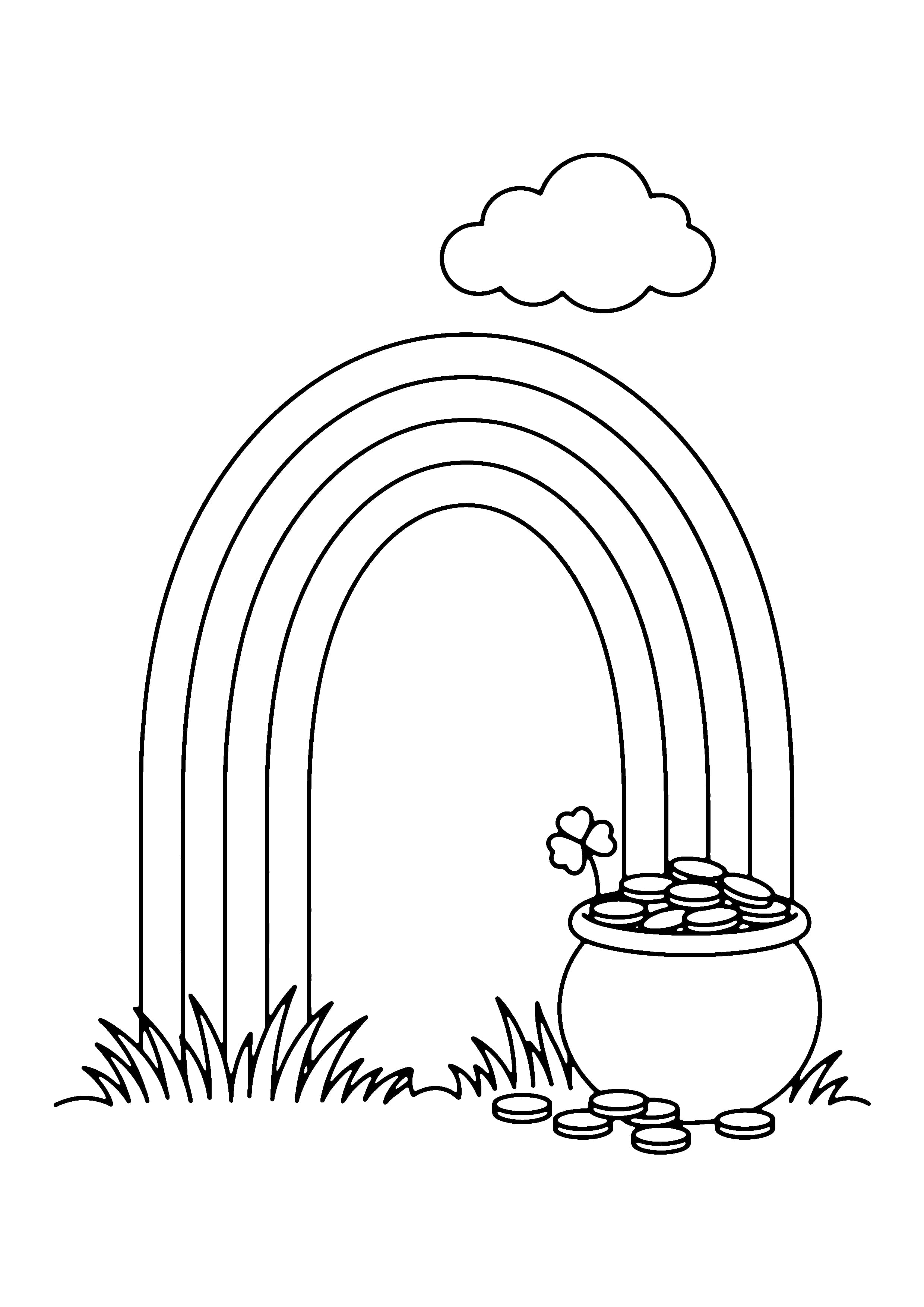Printable hand-drawn Rainbow Pot of Gold coloring page