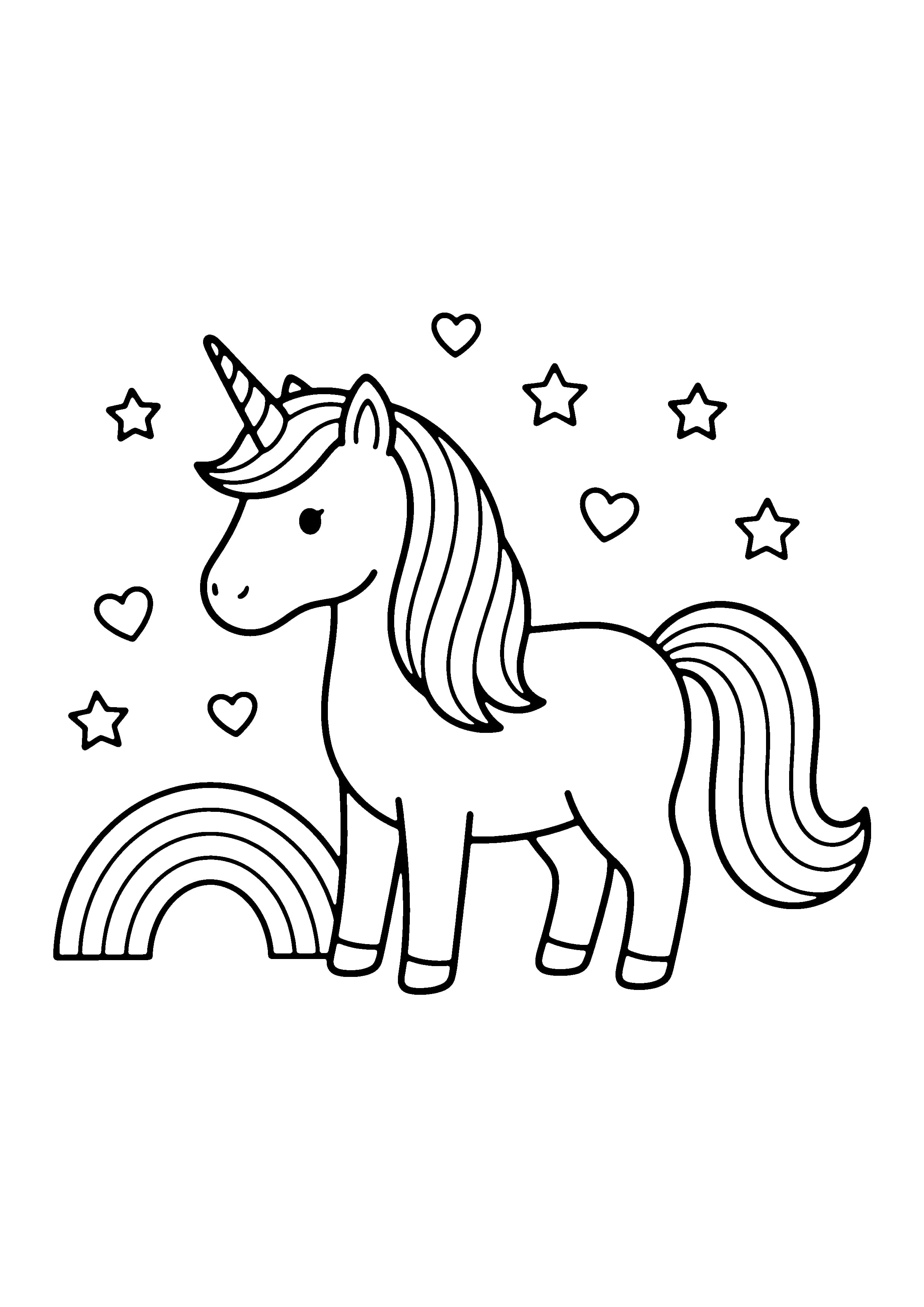 Printable hand-drawn Rainbow with a Unicorn coloring page