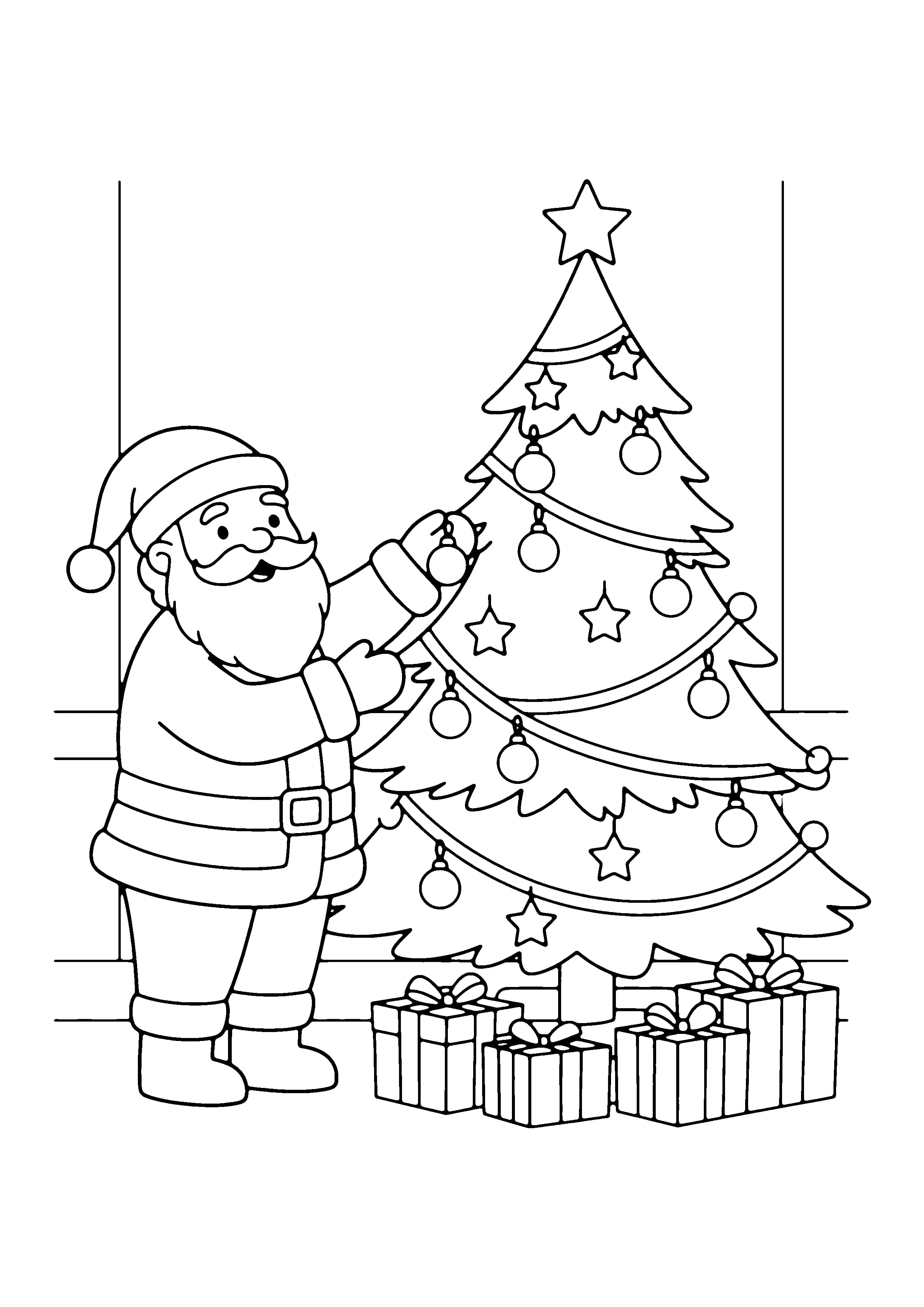 Printable hand-drawn Santa and Christmas Tree coloring page