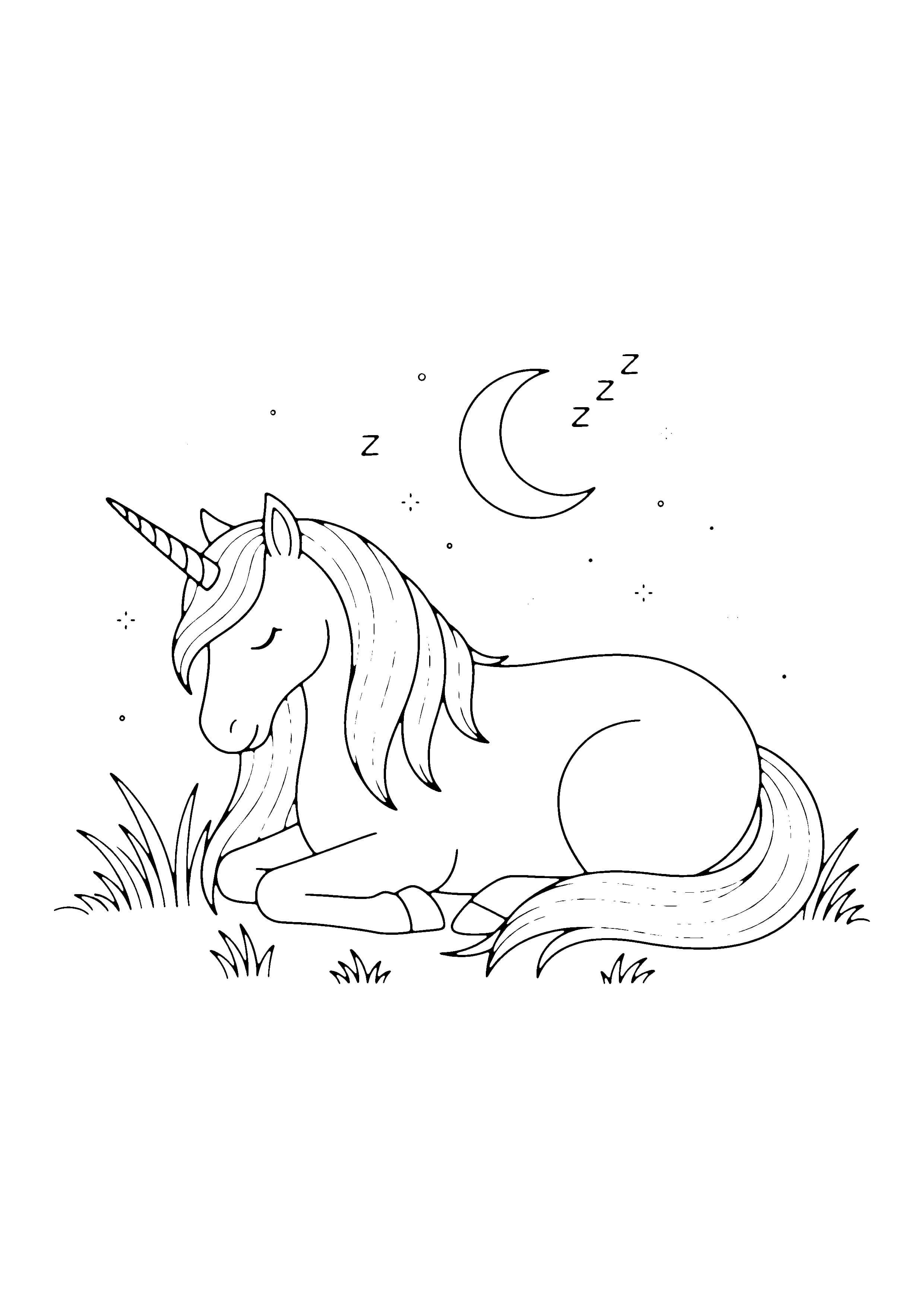 Printable hand-drawn Sleeping Unicorn coloring page