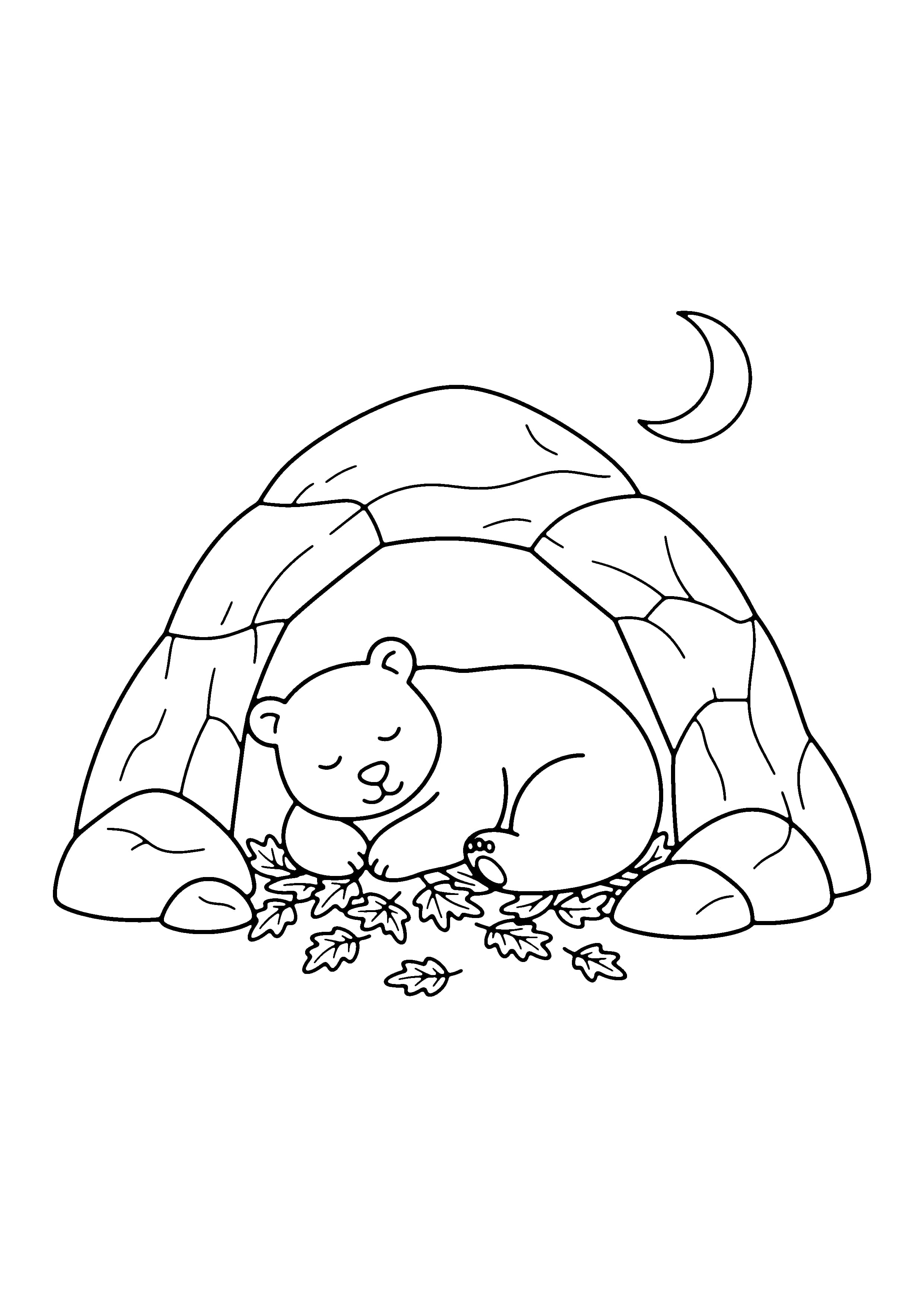 Printable hand-drawn Sleepy Bear in a Cave coloring page