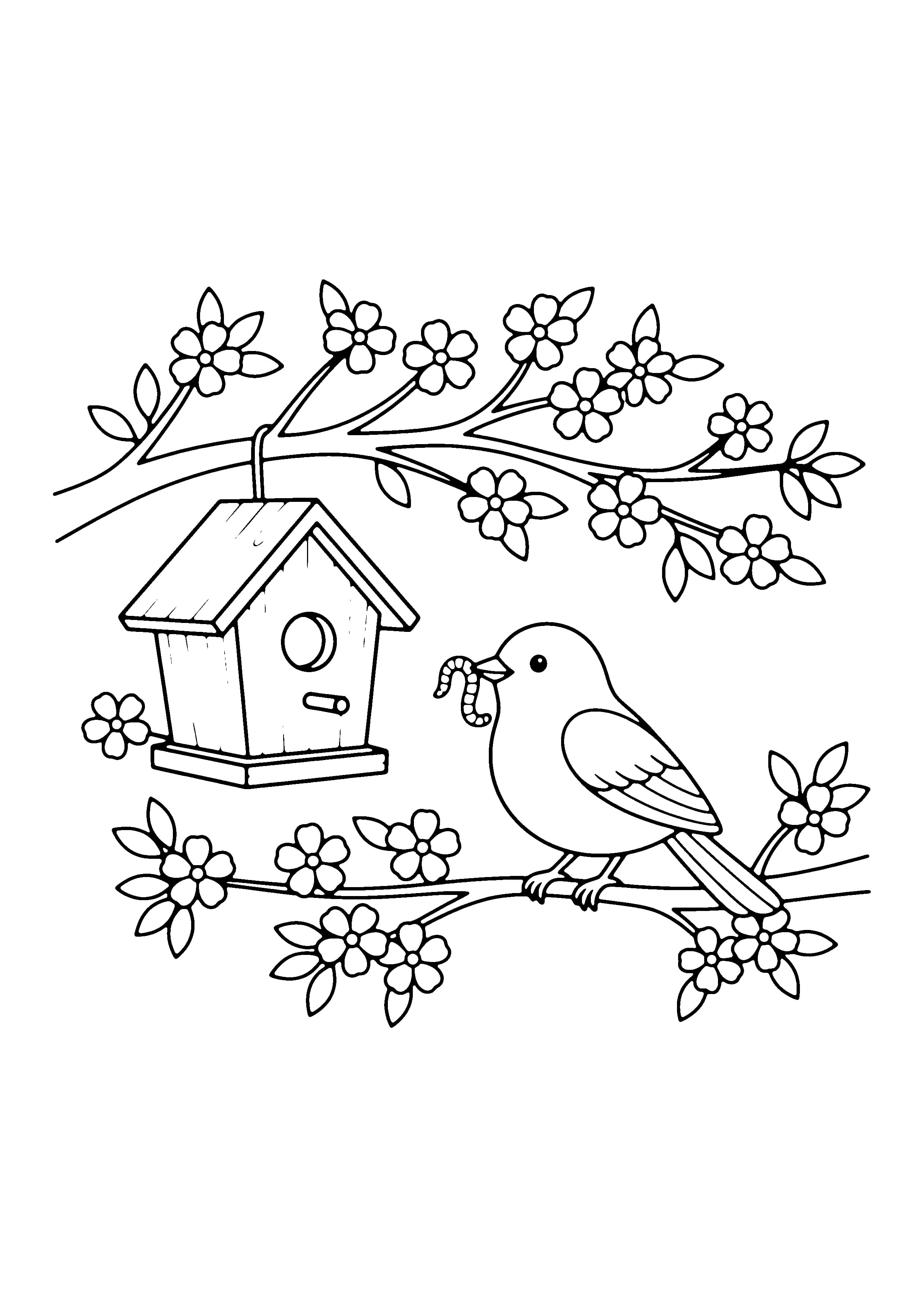 Printable hand-drawn Spring Birdhouse coloring page