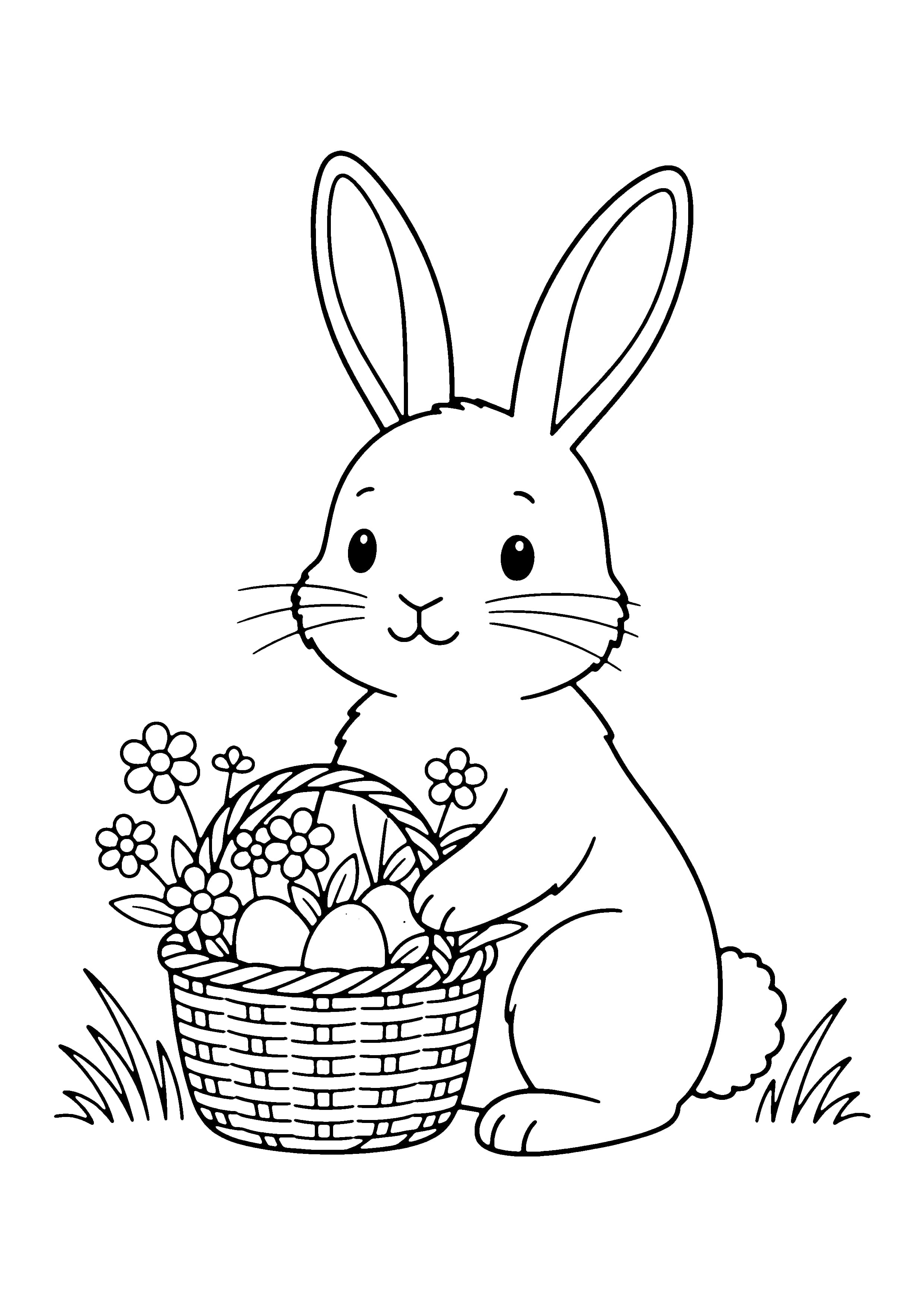 Printable hand-drawn Spring Bunny with Basket coloring page