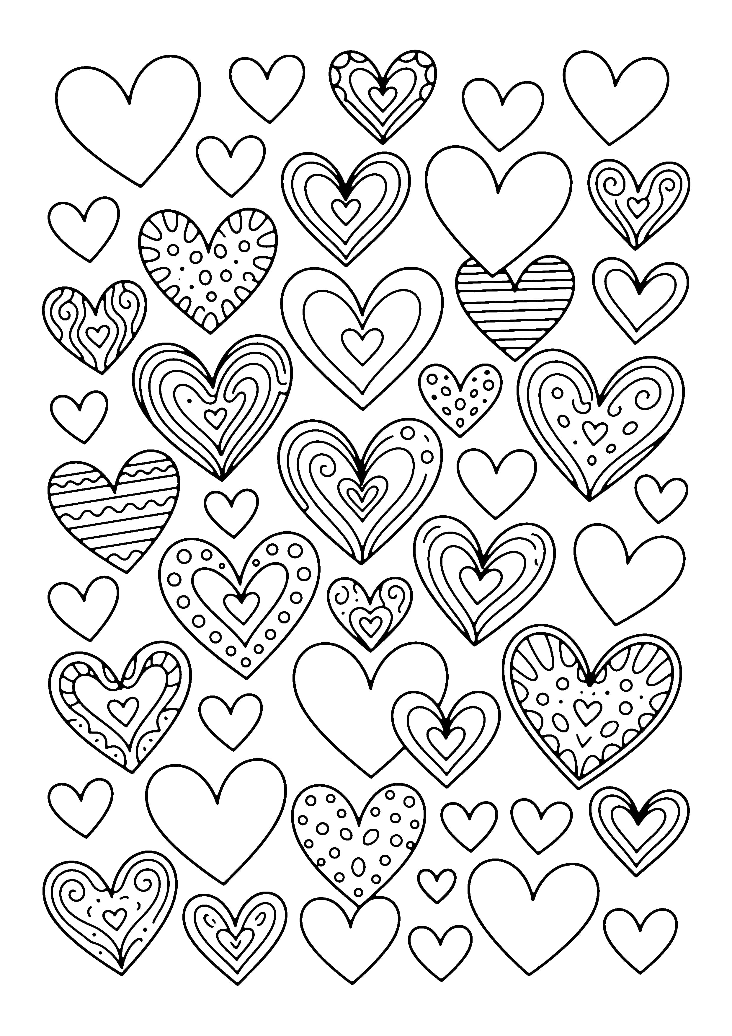 Printable hand-drawn Stacked Doodle Hearts coloring page