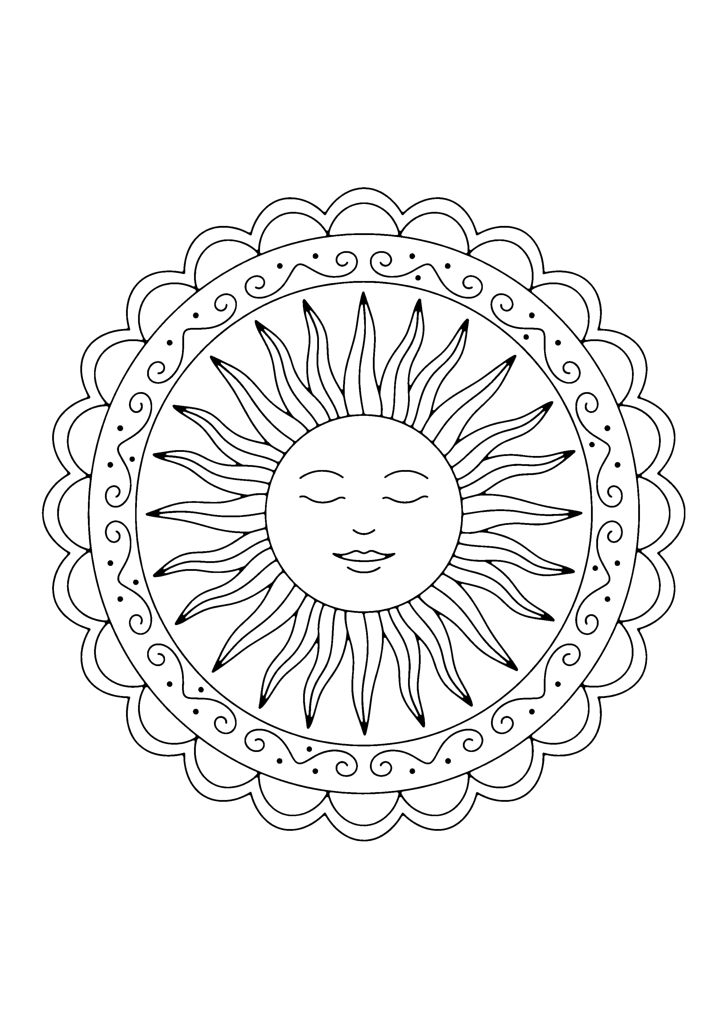 Printable hand-drawn Sun Mandala coloring page