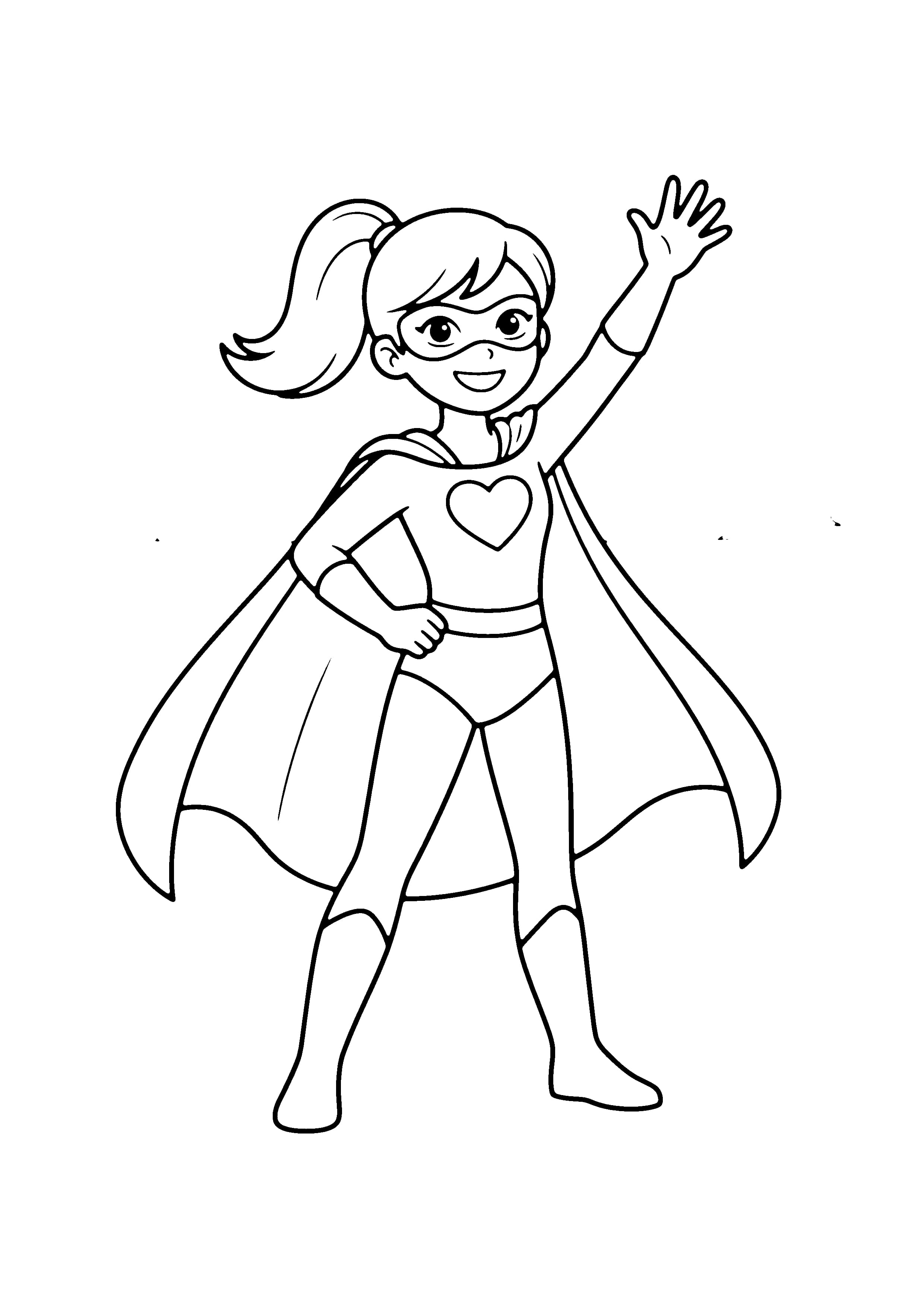 Printable hand-drawn Superhero Girl with Cape coloring page