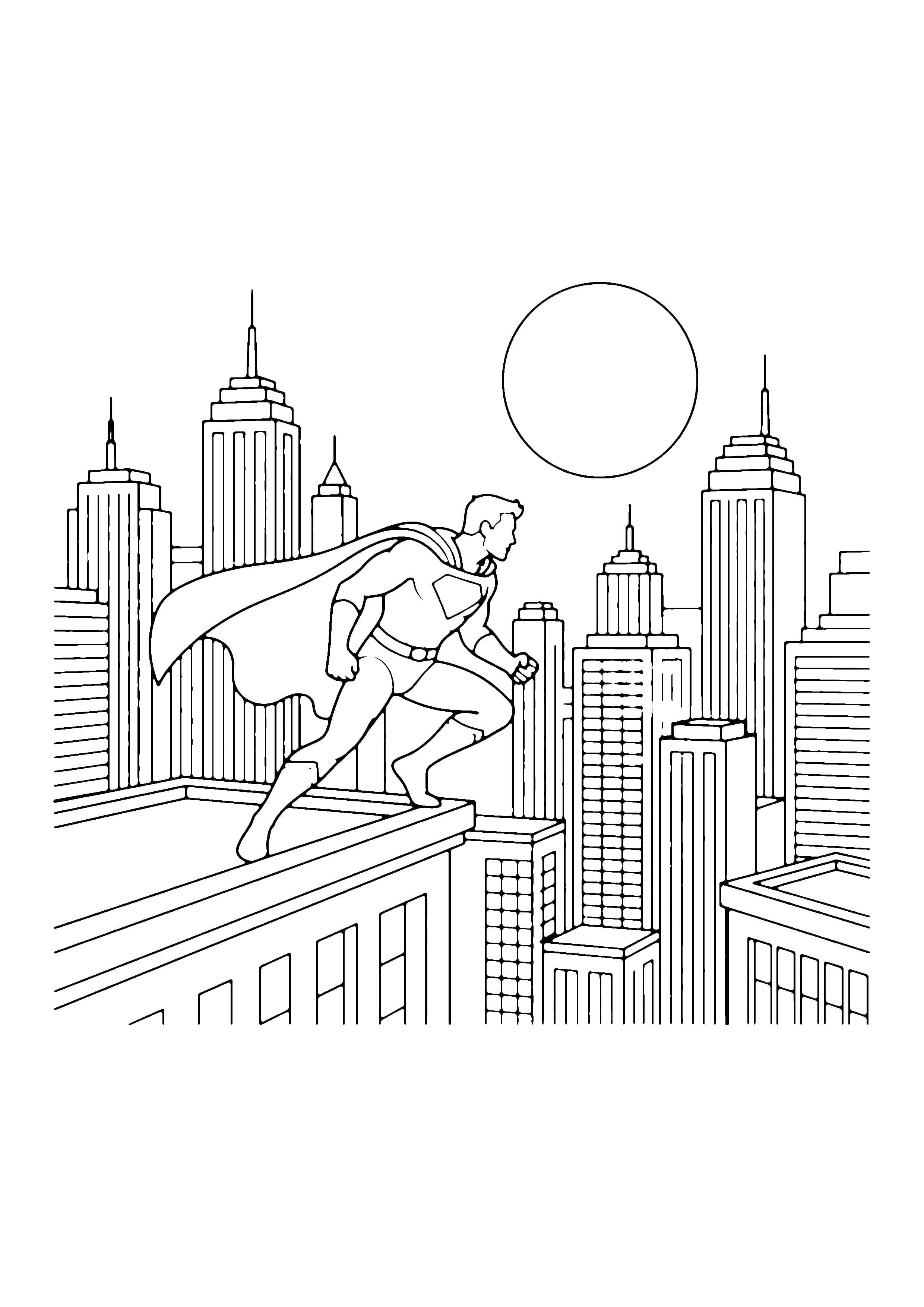 Printable hand-drawn Superhero Over the City coloring page