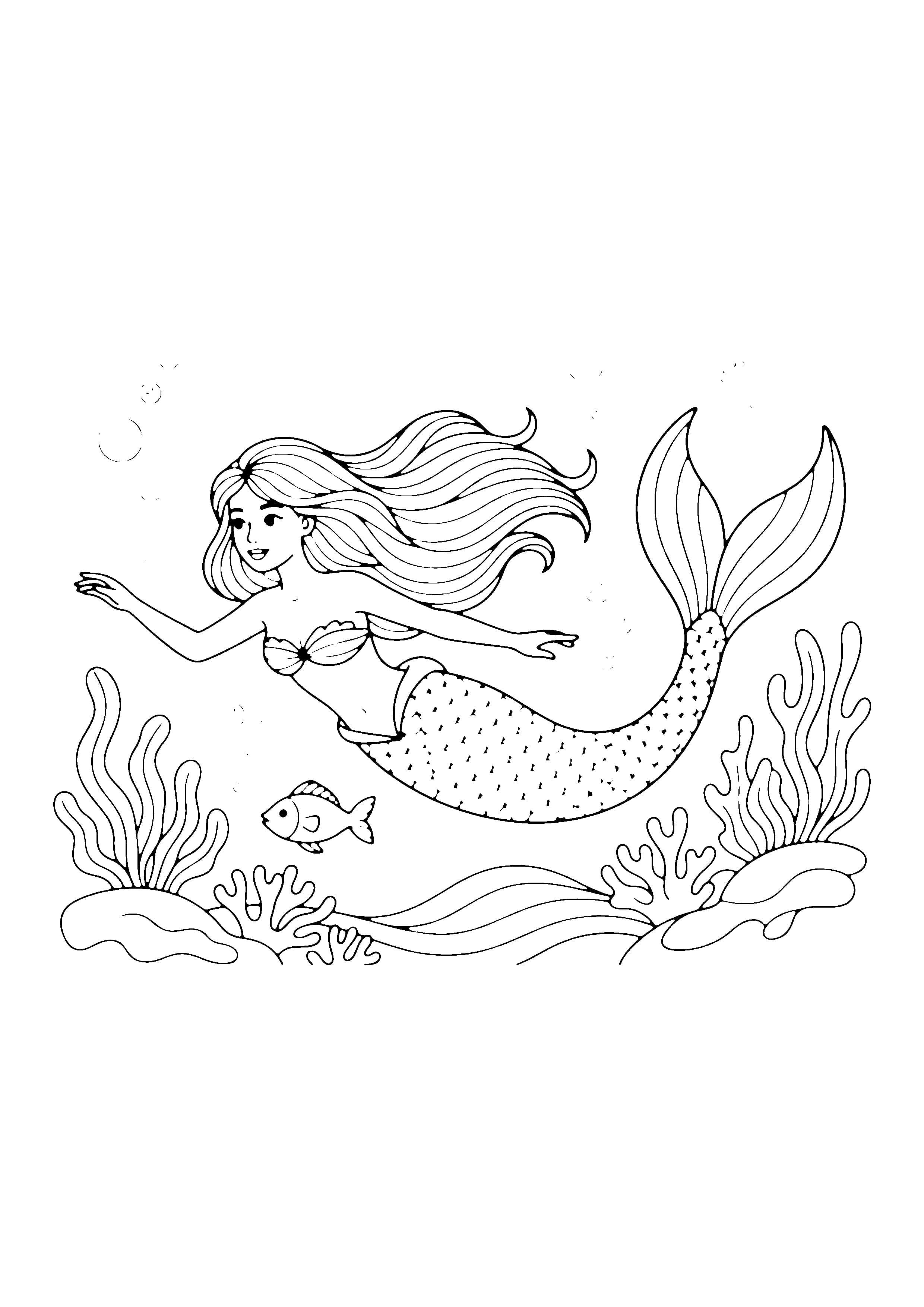 Printable hand-drawn Swimming Mermaid coloring page